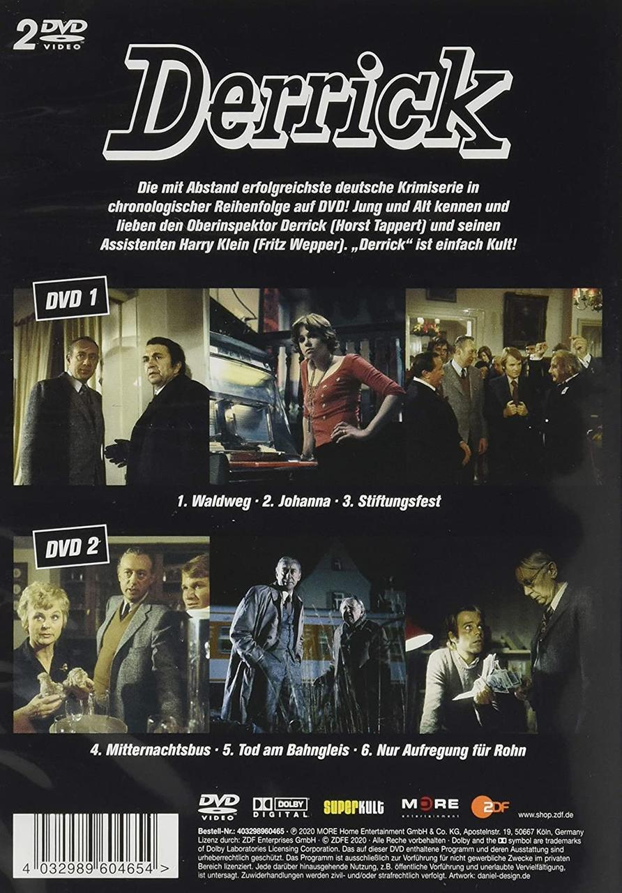 DVD-Rückseite mit Derrick-Episoden, Schauspielern und Fotos.