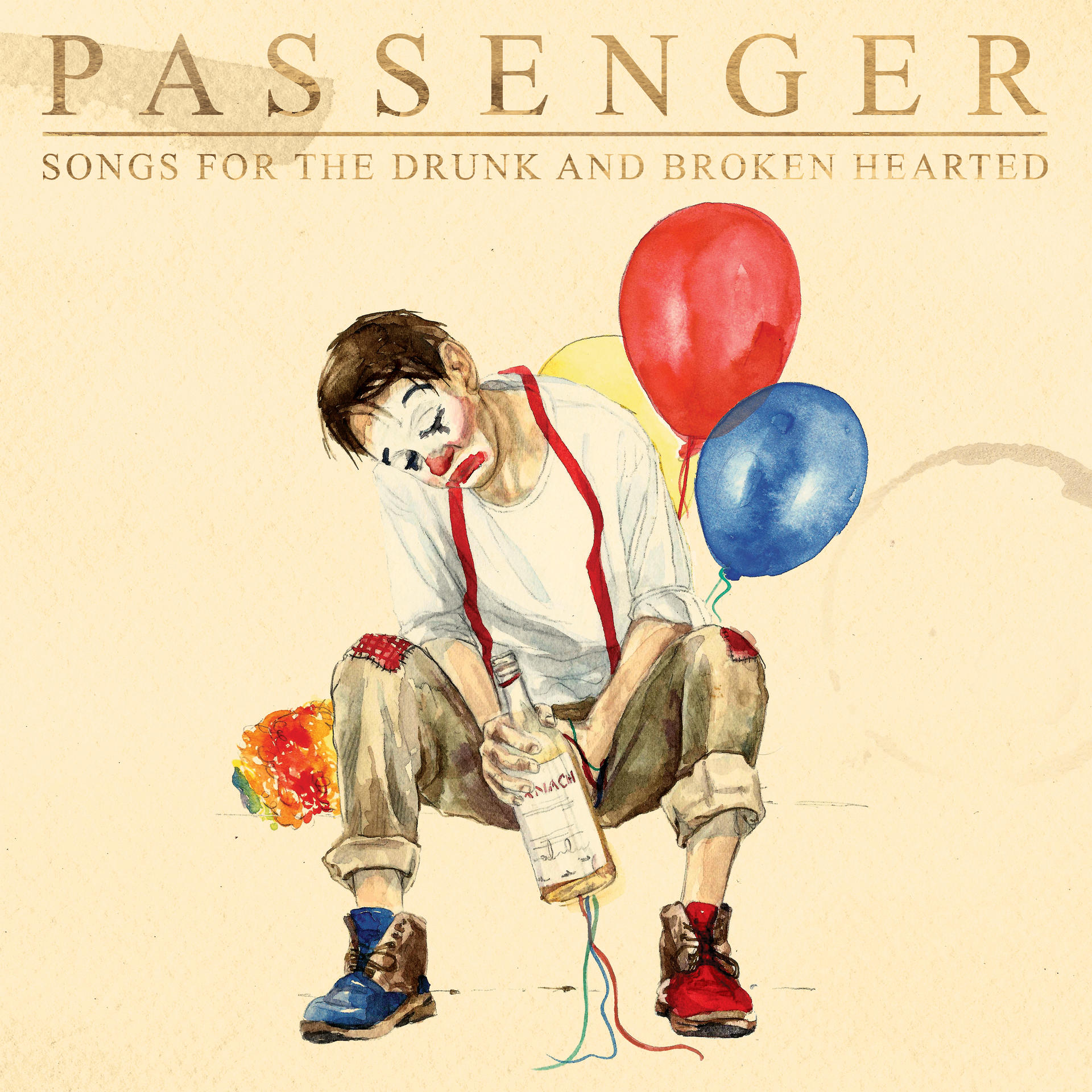 Pochette d'album : Clown triste avec bretelles rouges, tenant une bouteille et des ballons. Fond beige, style aquarelle.