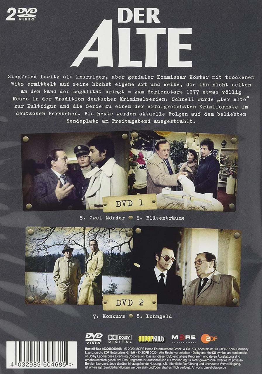 Rückseite einer DVD-Hülle mit Bildern von Der Alte. Text auf Deutsch. Mehrere Szenen gezeigt.