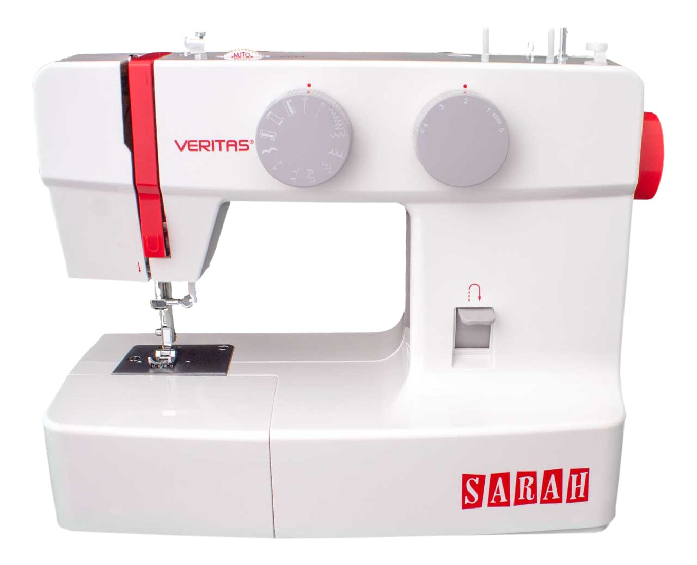 Weiße Veritas-Nähmaschine mit roten Akzenten.