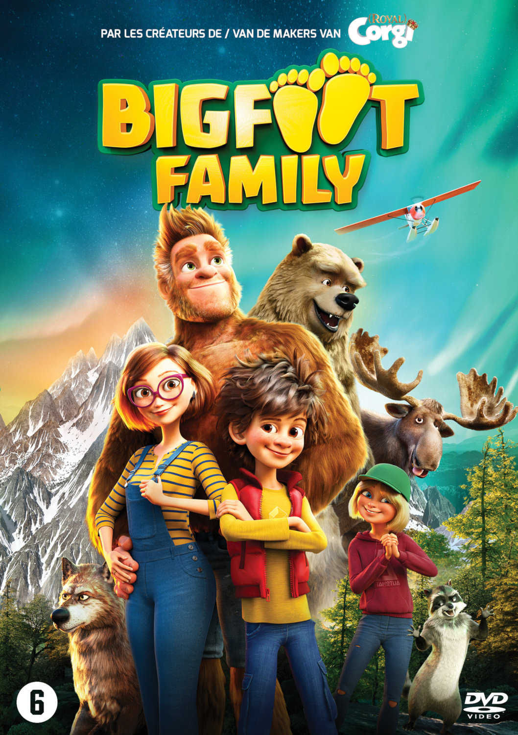 Couverture du film : Bigfoot Family, personnages incluant un homme, un ours, une famille et divers animaux. Fond bleu et vert.