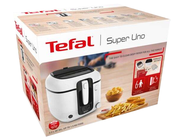 Tefal Super Uno fritőz doboz és fritőz sült krumplival egy fa deszkán.