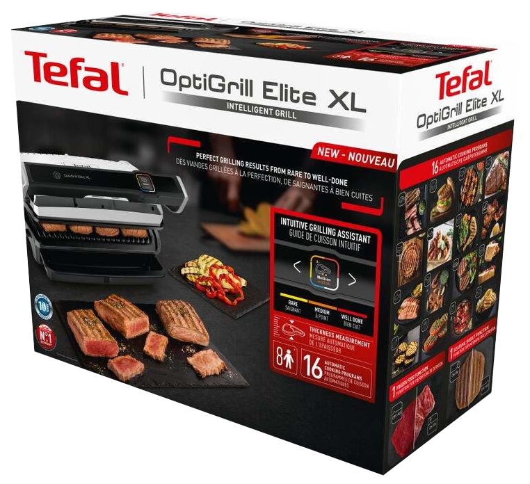Tefal OptiGrill Elite XL termékdoboz grill képekkel. Szöveg és képek a különböző ételek grillezéséről.