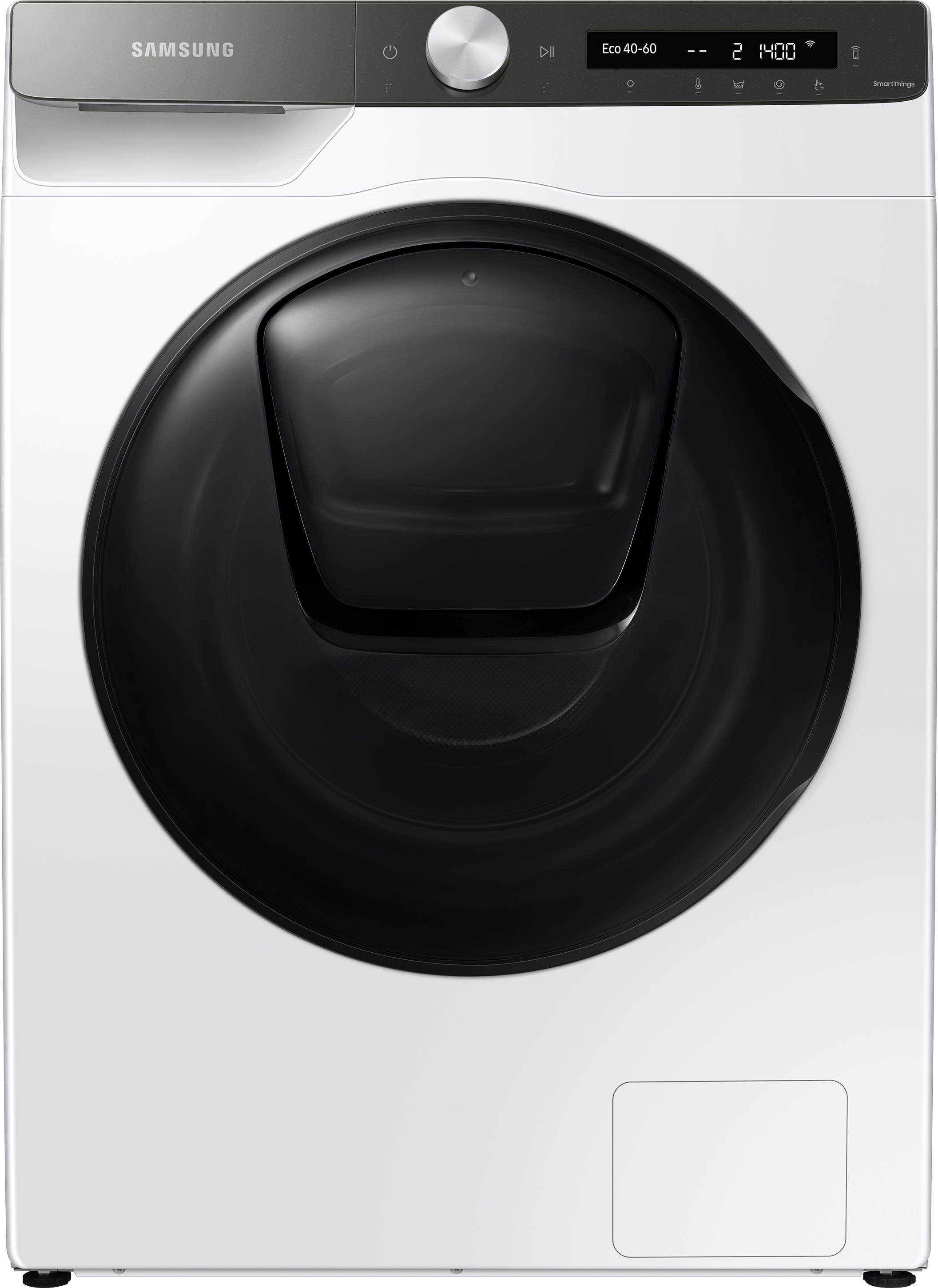 Witte Samsung wasmachine. Zwarte deur, grijze bovenkant met bediening en digitaal display.