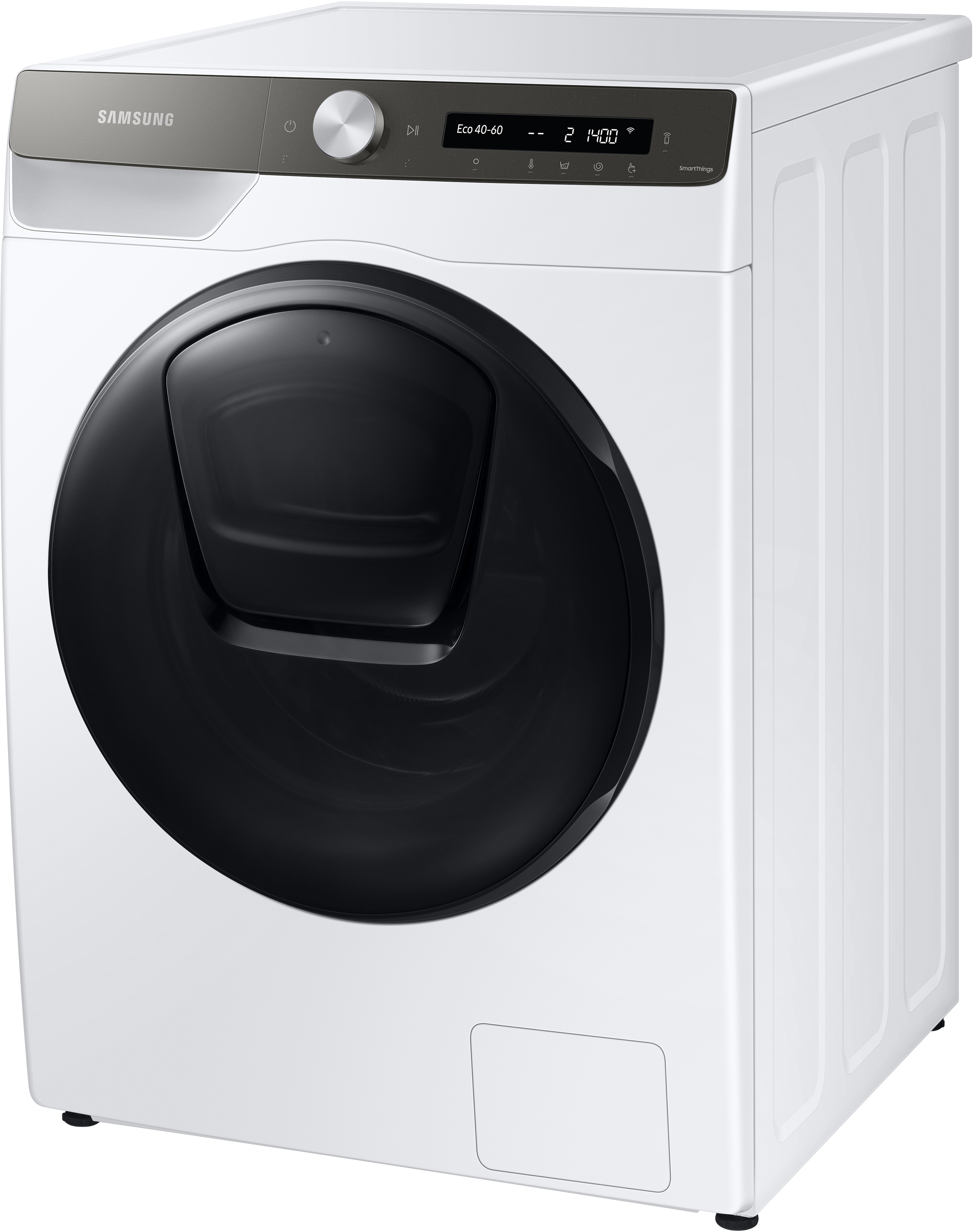 Een witte Samsung wasmachine met een zwarte deur en bedieningselementen.