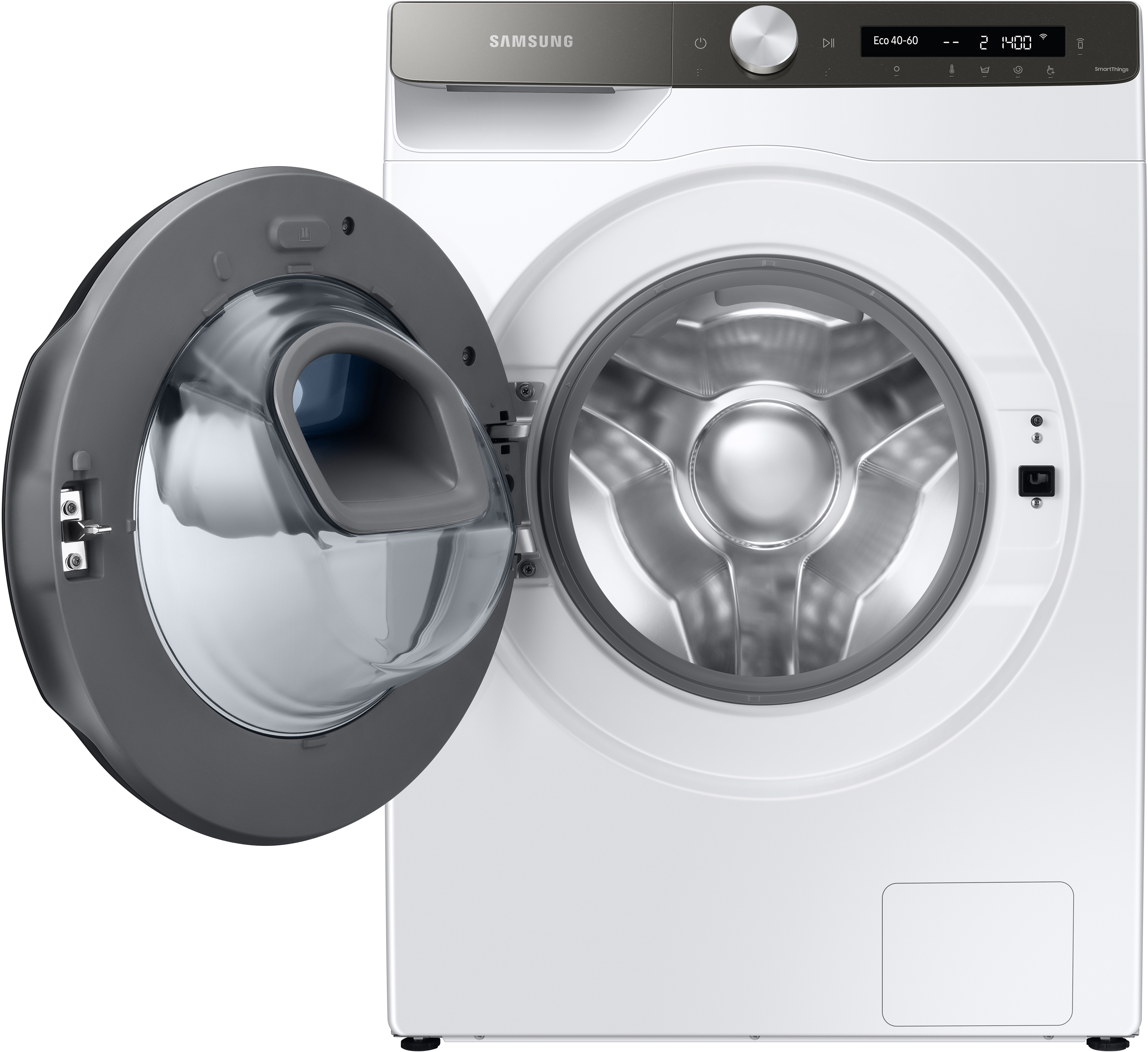 Witte Samsung wasmachine, deur open, trommel zichtbaar.