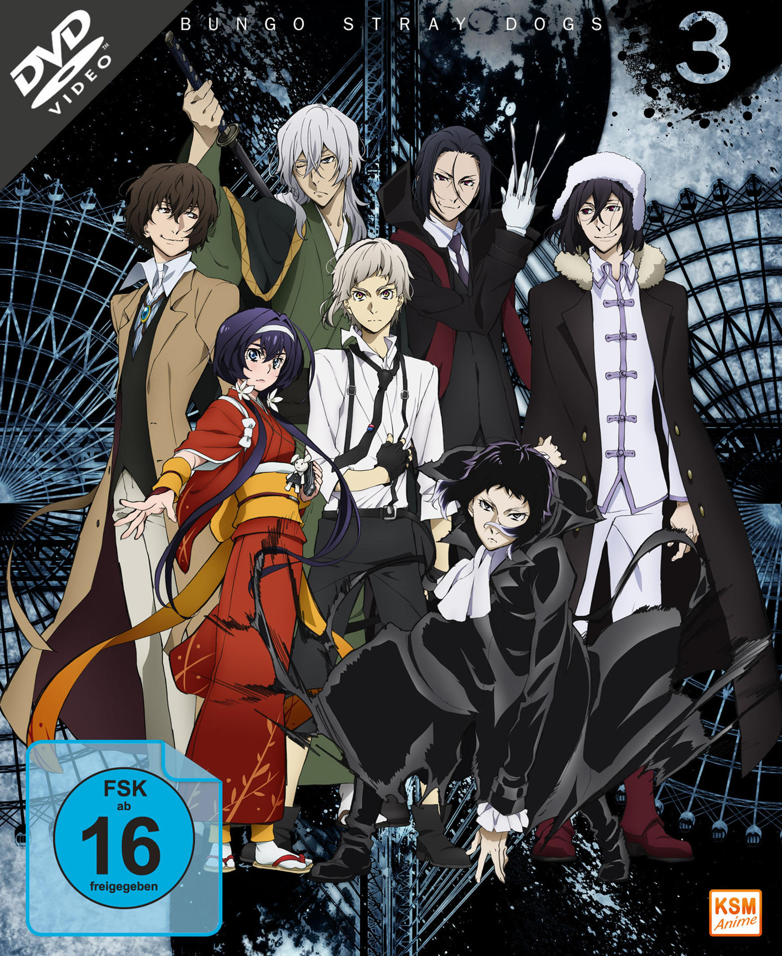 Anime-DVD-Cover mit acht Charakteren, verschiedenen Posen und der Nummer 3. Der Titel ist Bungo Stray Dogs.