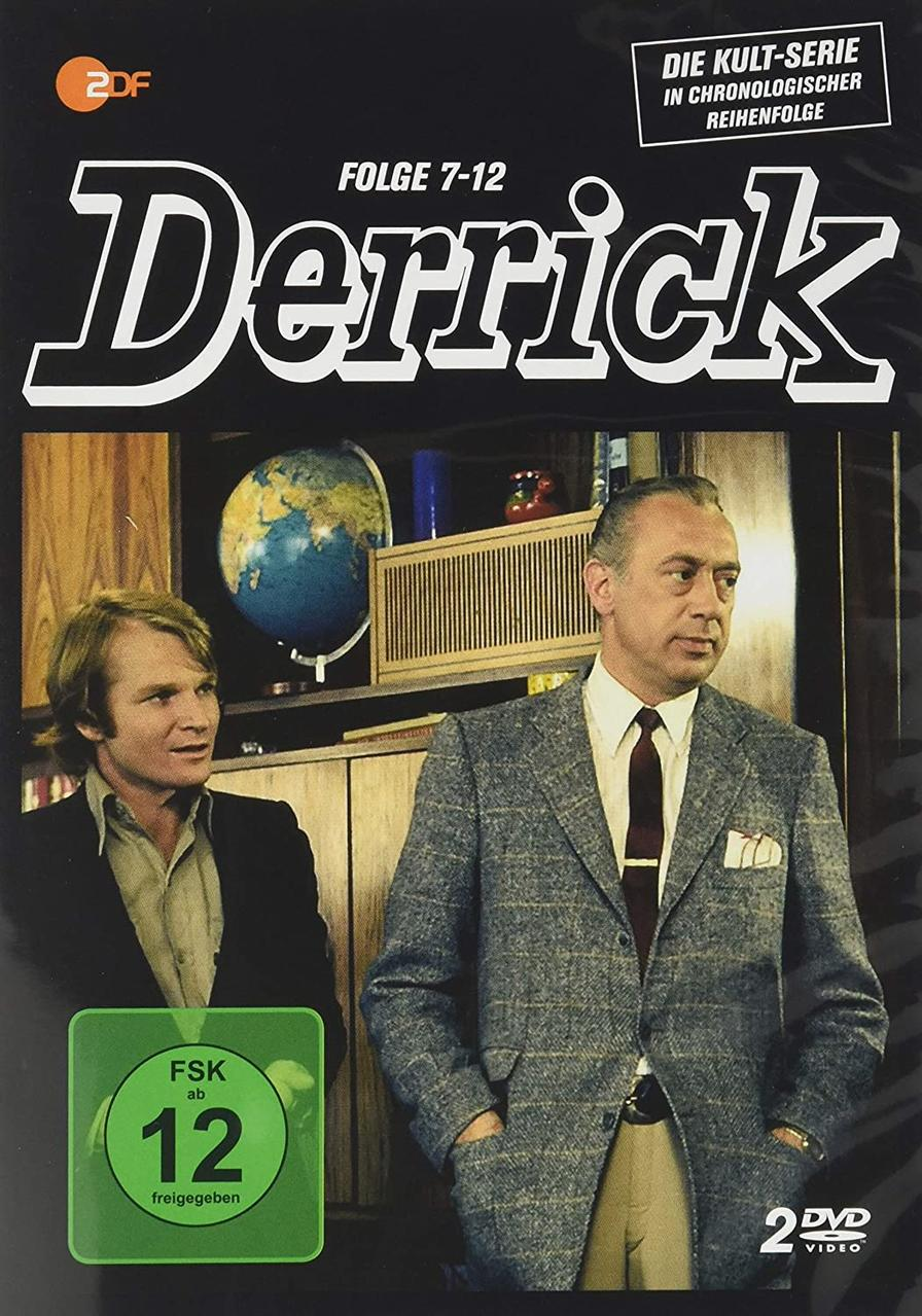 Derrick DVD-Cover. Zwei Männer in Anzügen, einer blond. Text auf Deutsch.