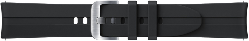 Un bracelet de montre noir avec une boucle argentée. Le bracelet est en matériau noir mat.