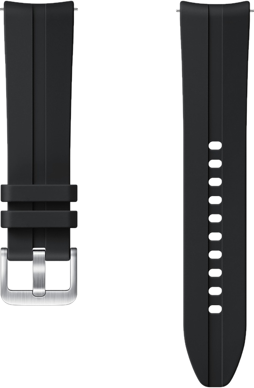 Bracelets de montre noirs avec boucle argentée. Un bracelet a des trous, l'autre un support.