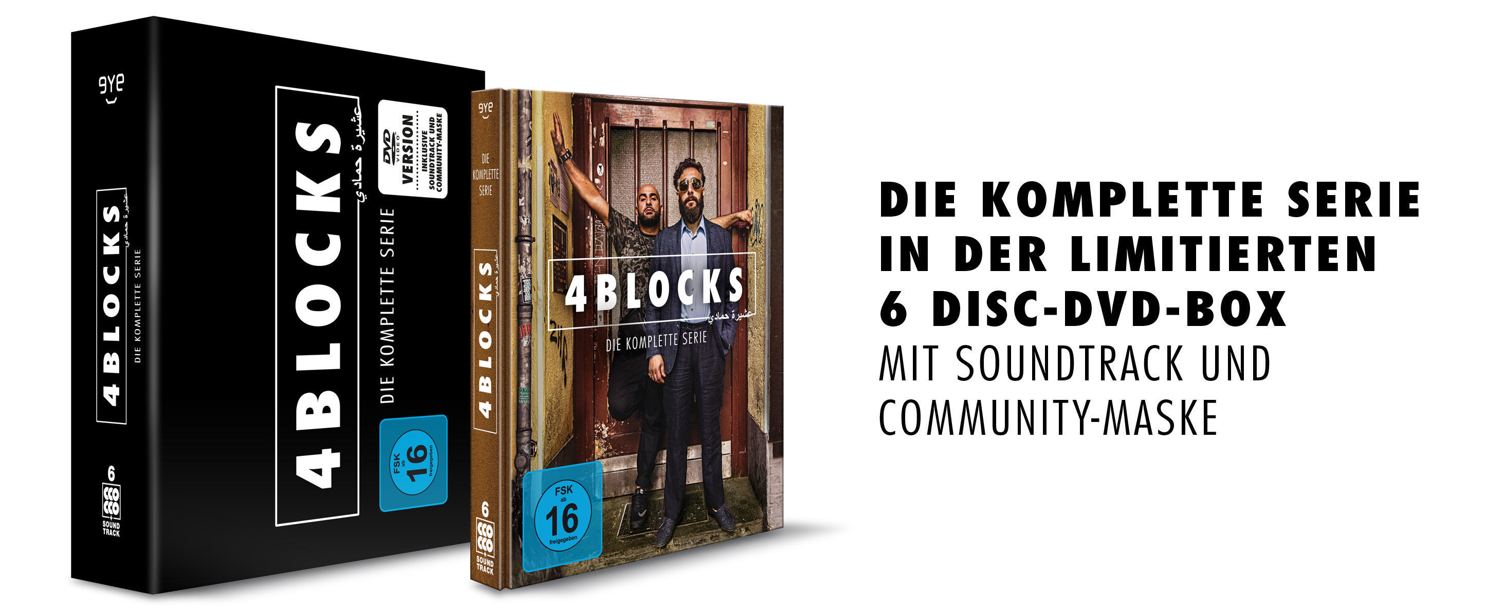 DVD-Box-Set für die Serie "4 Blocks". Die Box ist schwarz mit weißem Text und zwei DVDs.