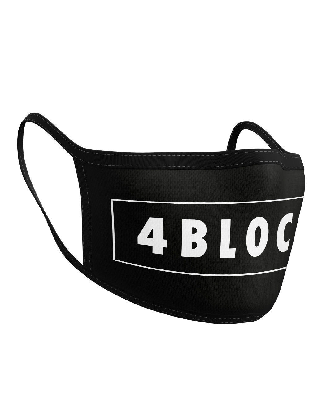 Schwarze Gesichtsmaske mit weißem Text '4 BLOC' im Rechteck.