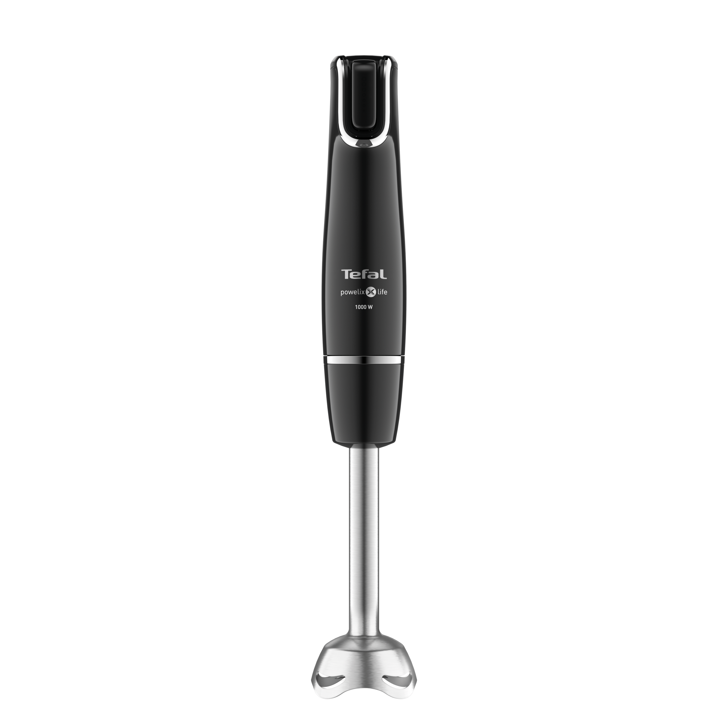 Fekete Tefal botmixer ezüst pengével, fekete fogantyúval és logóval.