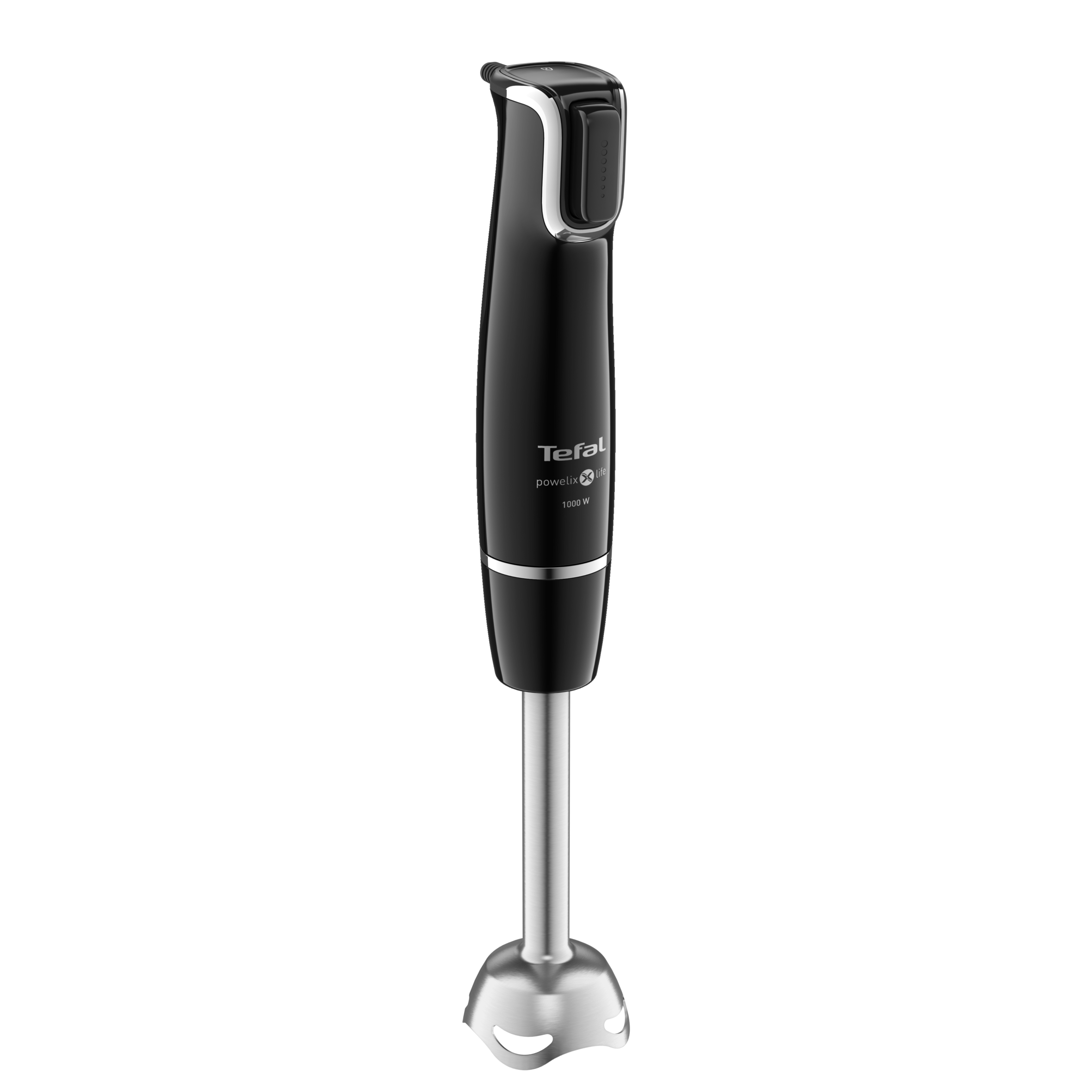 Fekete-ezüst kézi mixer fekete háttéren. A Tefal márka látható.