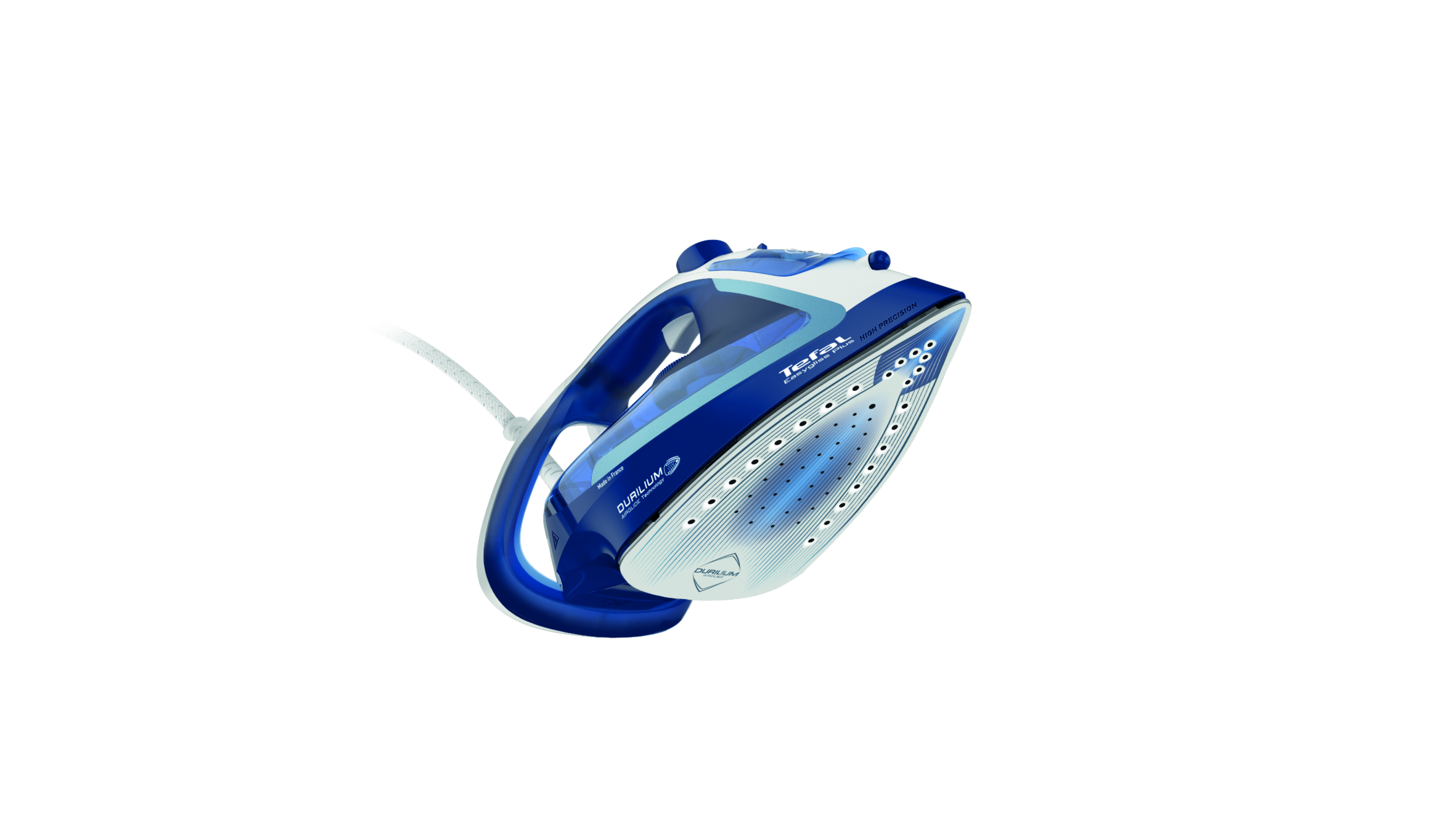Kék-fehér vasaló fehér kábellel fekete háttéren. A Tefal márka látható.