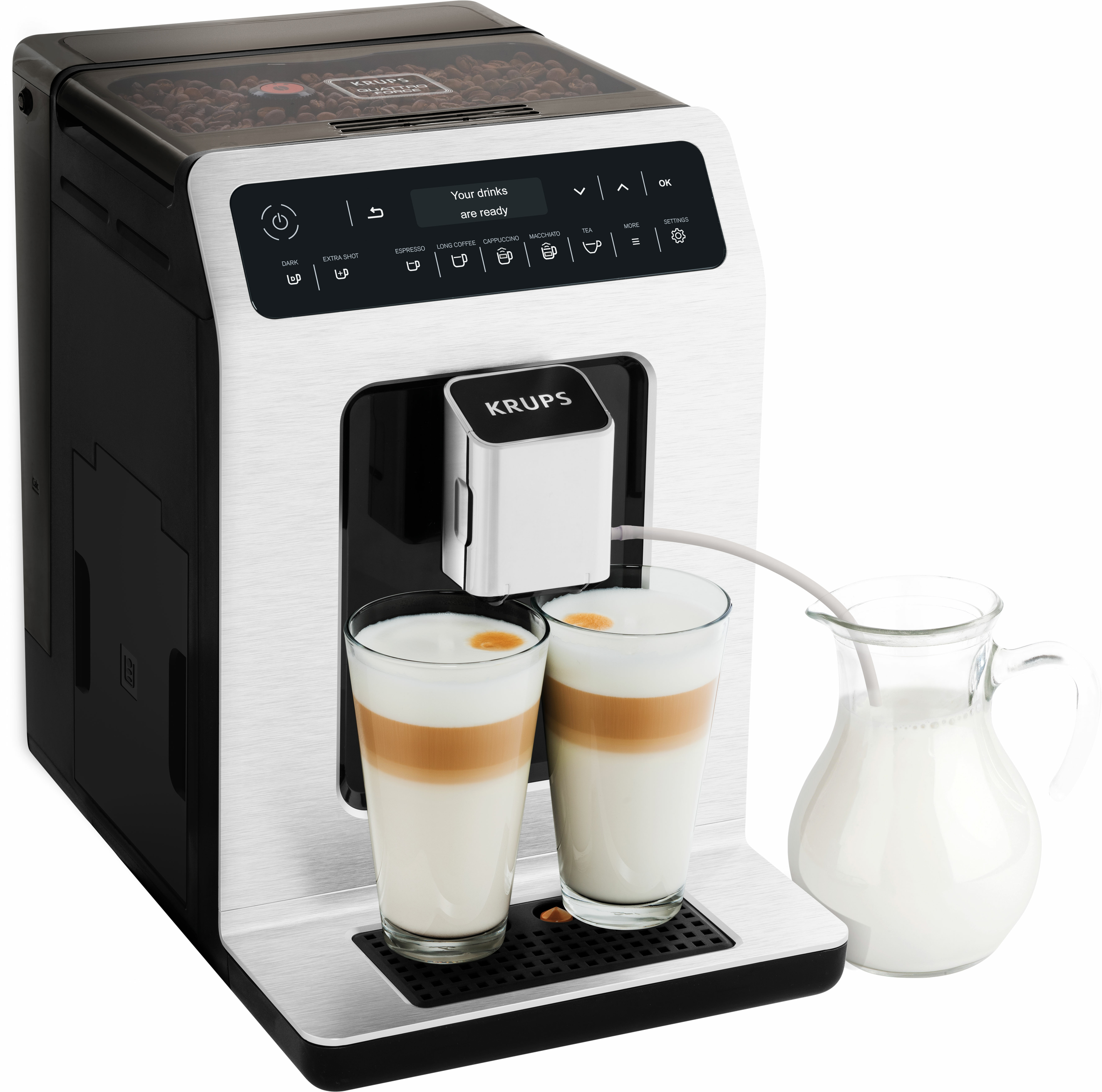 Egy Krups eszpresszó gép két pohár latte-val és egy tejkiöntővel.