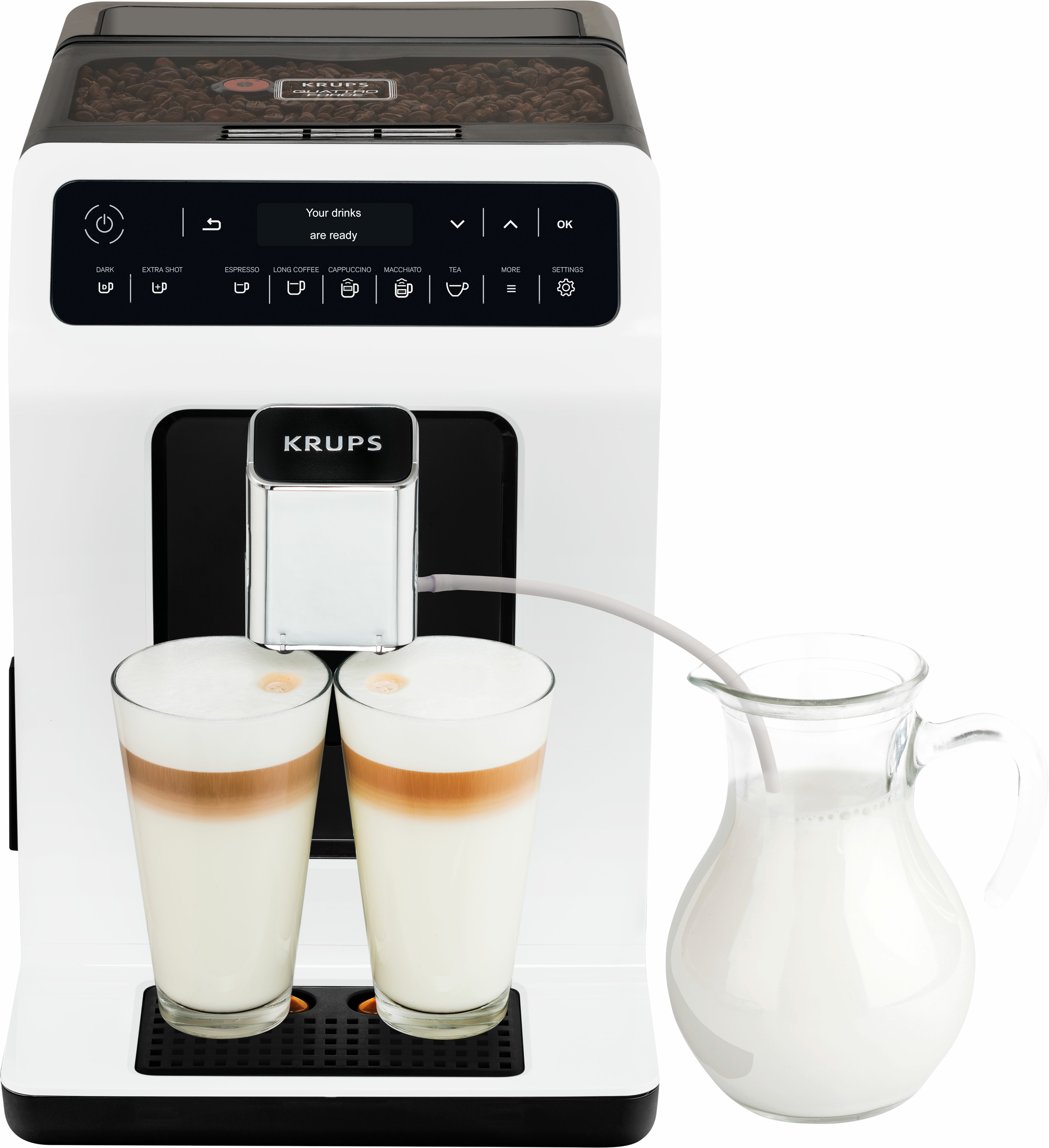 Fehér kávéfőző két latte pohárral és egy tejkiöntővel.