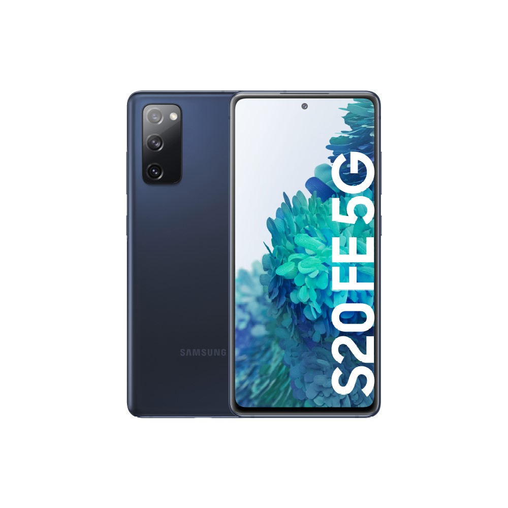 Teléfono Samsung S20 FE 5G sobre una superficie blanca, mostrando frontal y trasera.
