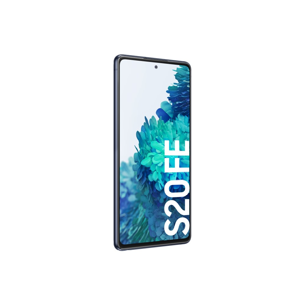 Un smartphone azul Samsung S20 FE sobre un fondo blanco. El teléfono está en ángulo.