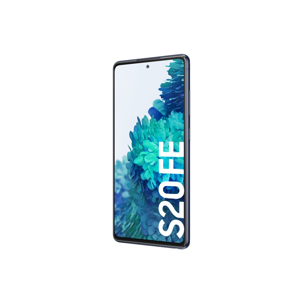 Un teléfono con una pantalla que muestra el texto S20 FE, con un fondo floral.