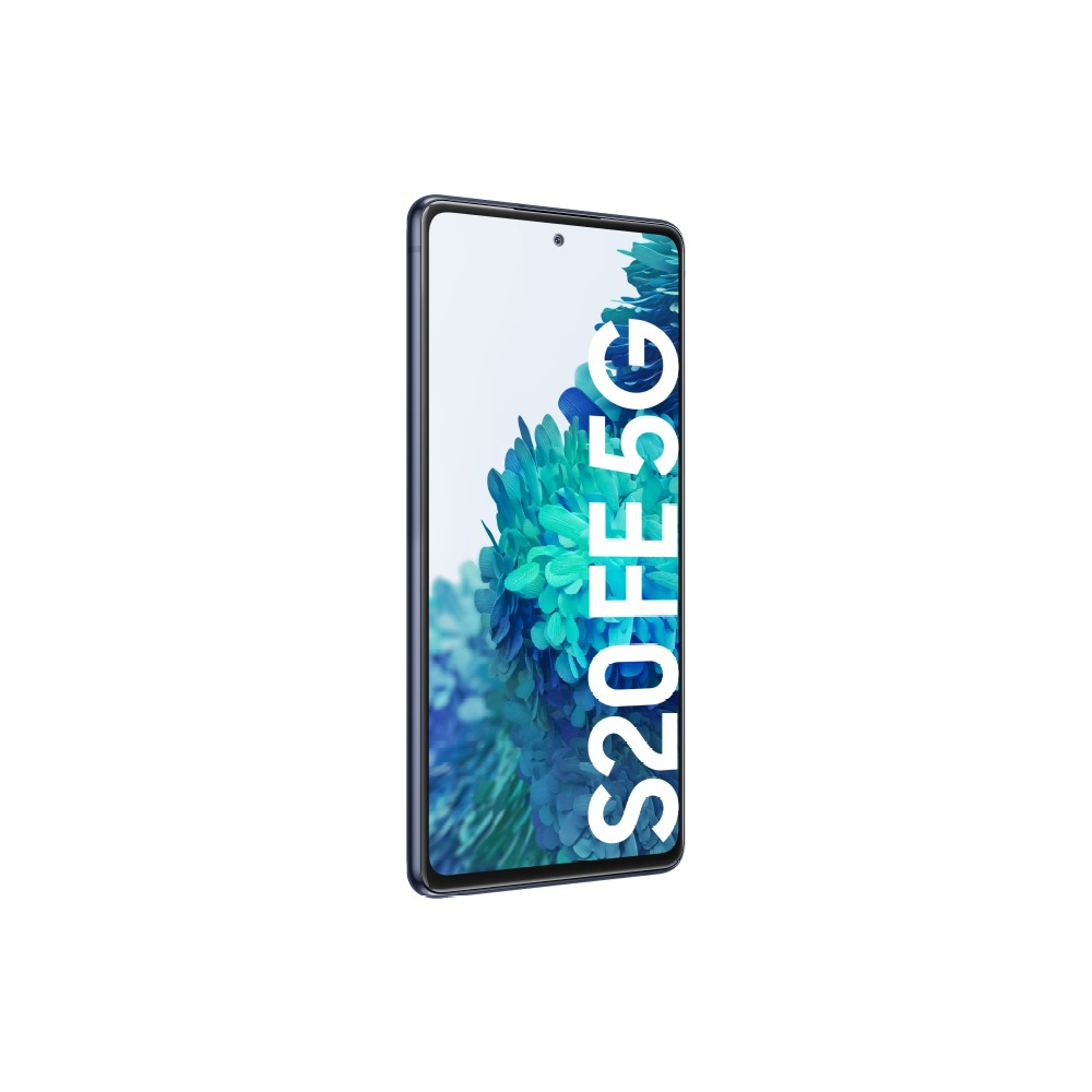 Smartphone azul oscuro con la pantalla que muestra S20 FE 5G. La pantalla muestra un fondo floral.