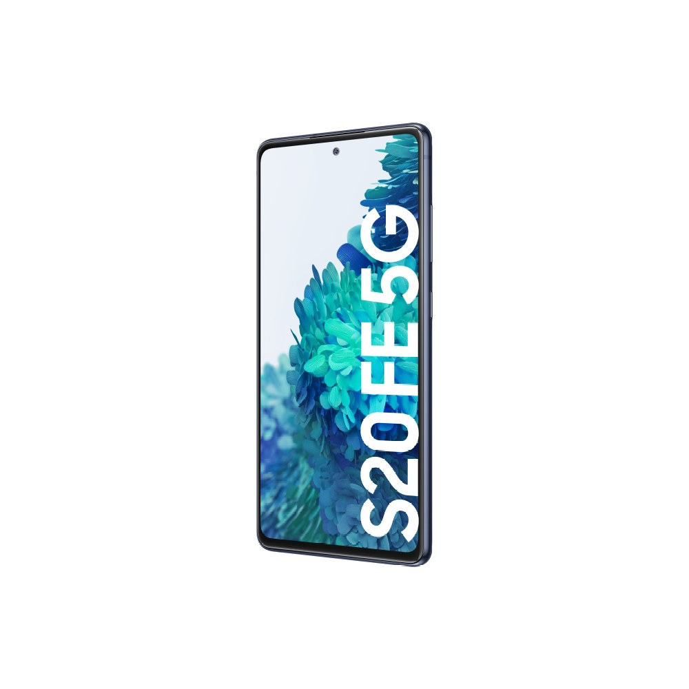 Un teléfono negro con el texto 'S20 FE 5G' en la pantalla, en ángulo.