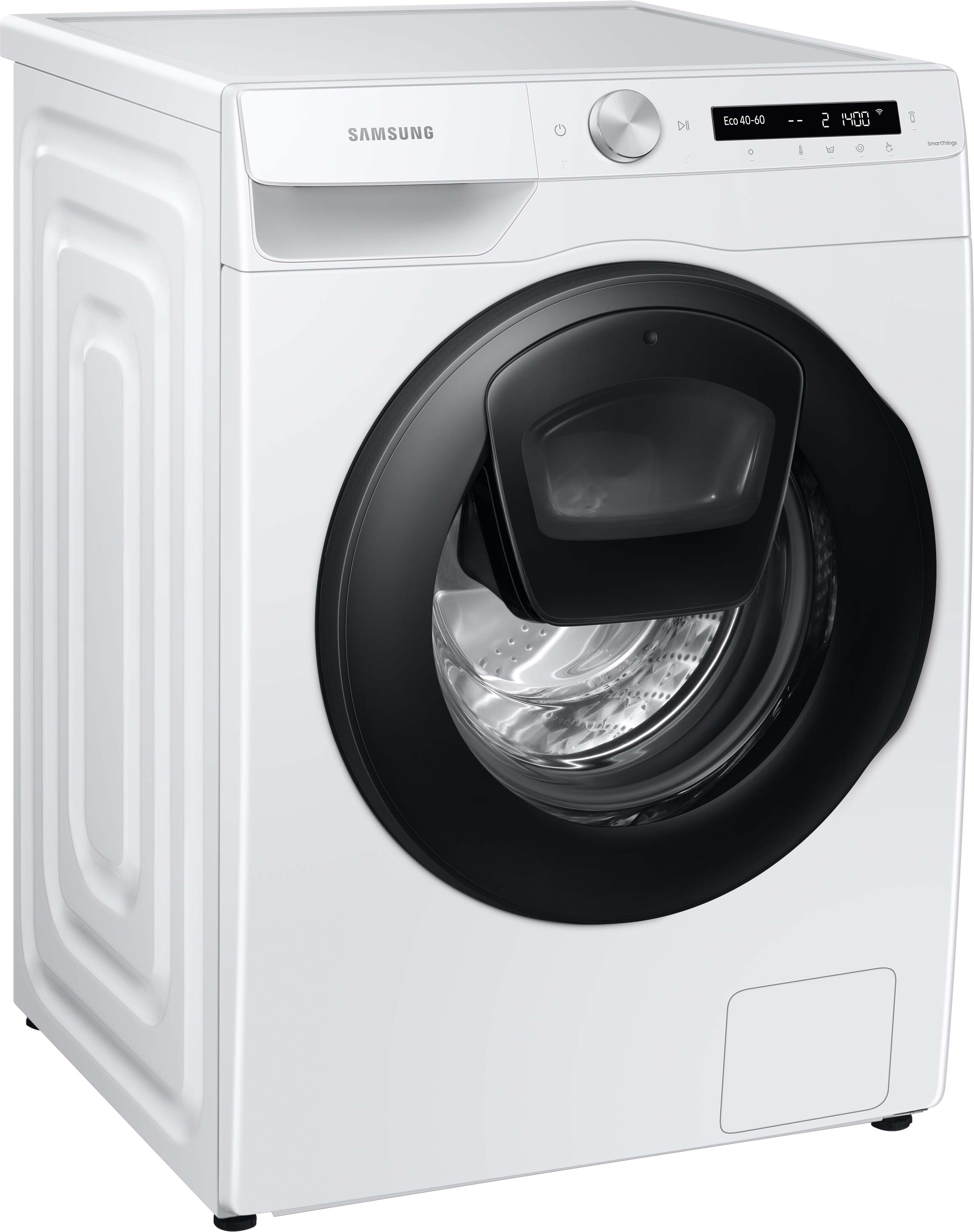 Eine weiße Samsung Waschmaschine. Sie hat eine schwarze Tür und ein Bedienfeld oben.