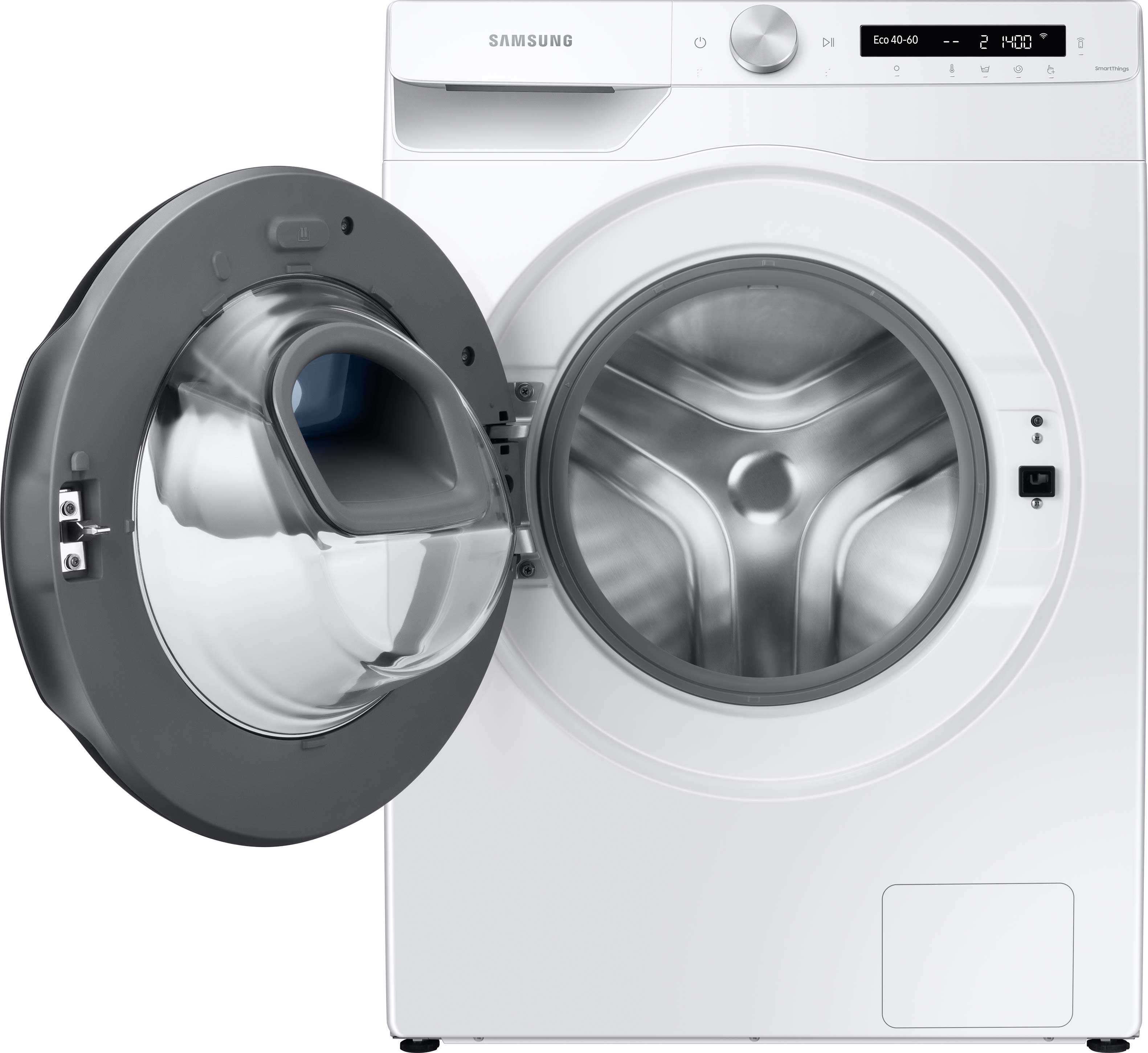 Weiße Samsung Waschmaschine mit geöffneter grauer Tür. Bedienfeld mit Display. Edelstahl-Trommel sichtbar.