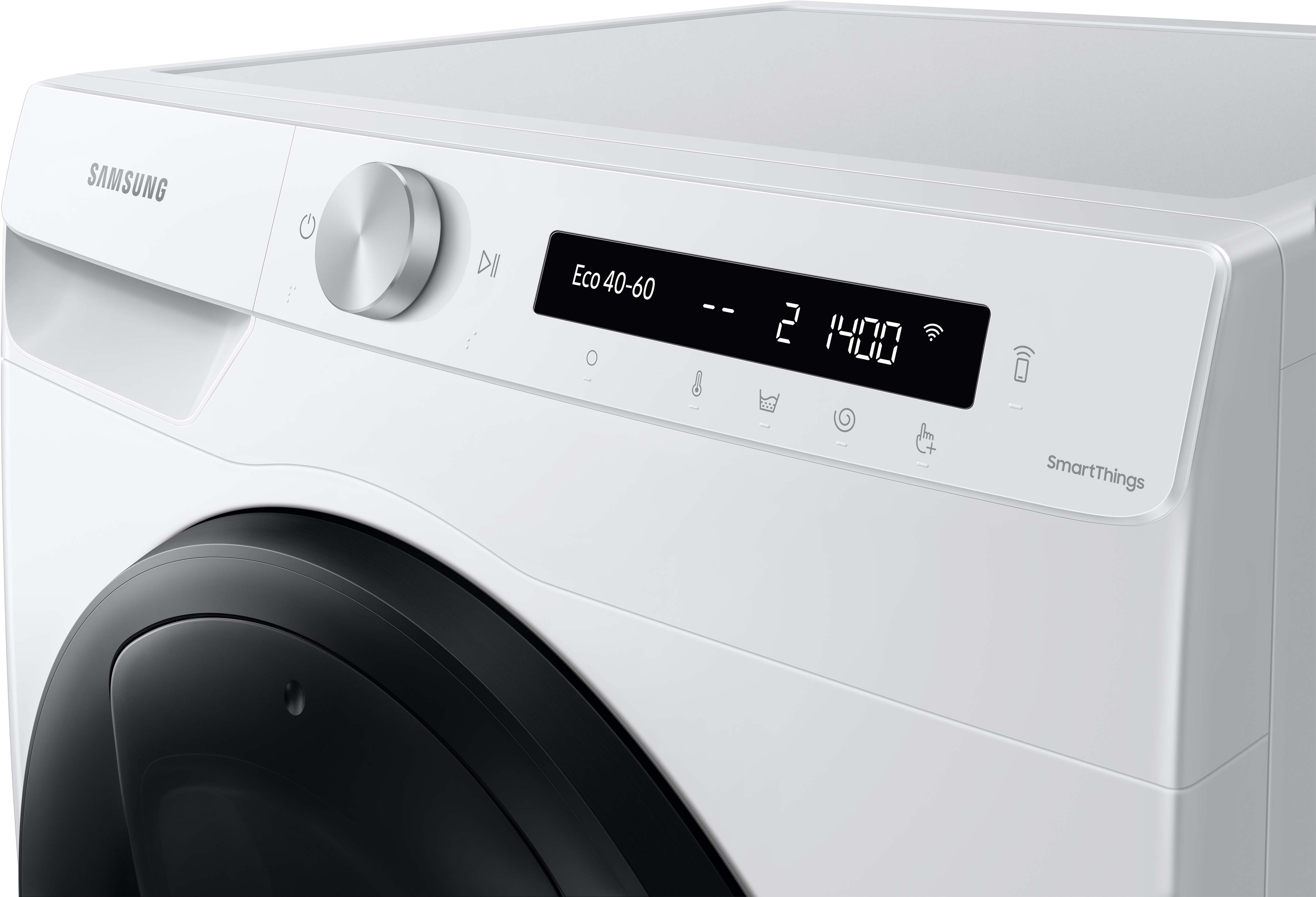 Weiße Samsung-Waschmaschine. Merkmale: Bedienfeld mit Display, Drehregler und schwarze Tür.
