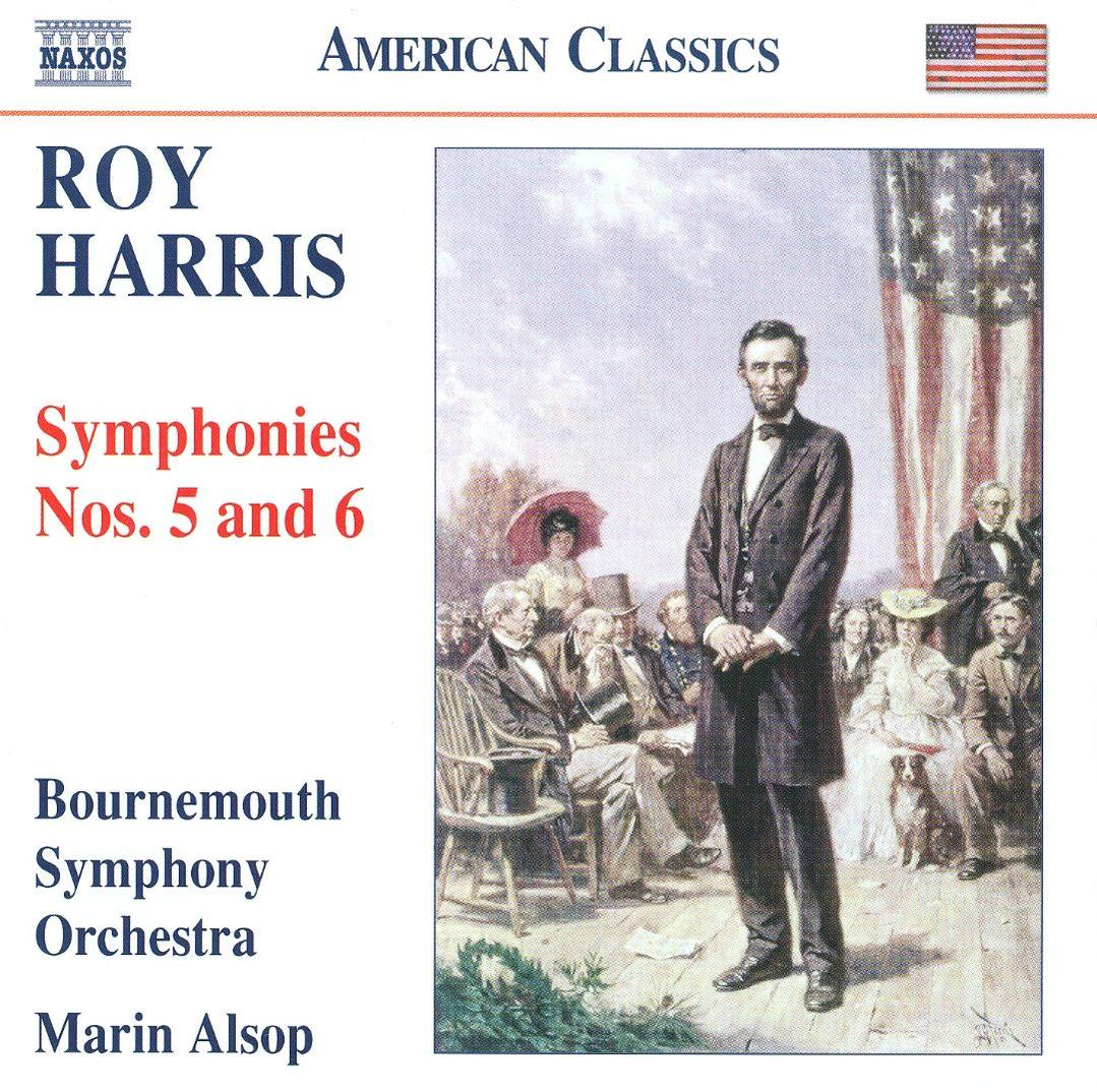 Albumcover: Roy Harris Symphonien Nr. 5 und 6. Enthält ein Gemälde mit Lincoln und anderen.
