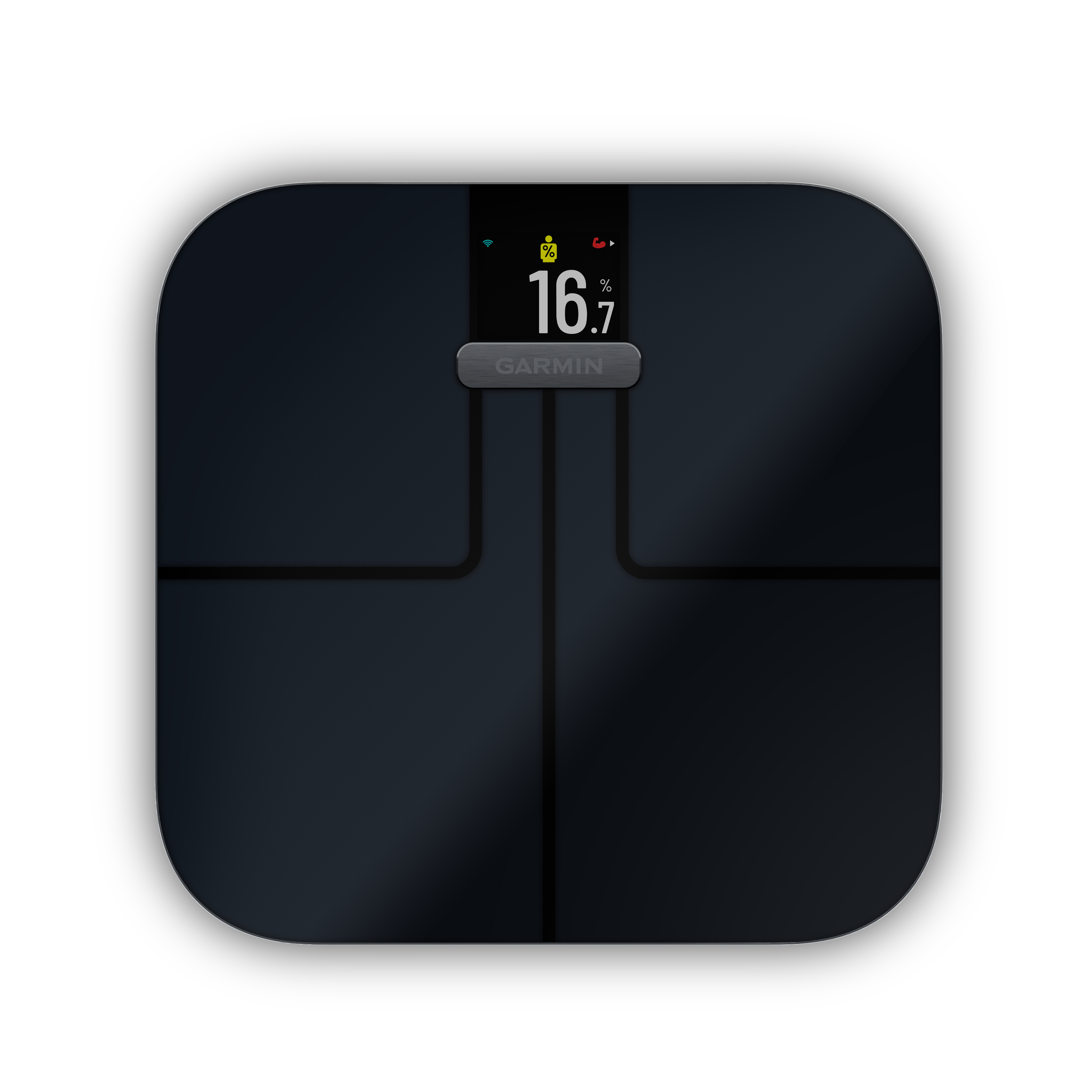 Schwarze, quadratische Garmin-Waage mit einem Bildschirm, der 16,7 % anzeigt. Weißer Hintergrund.