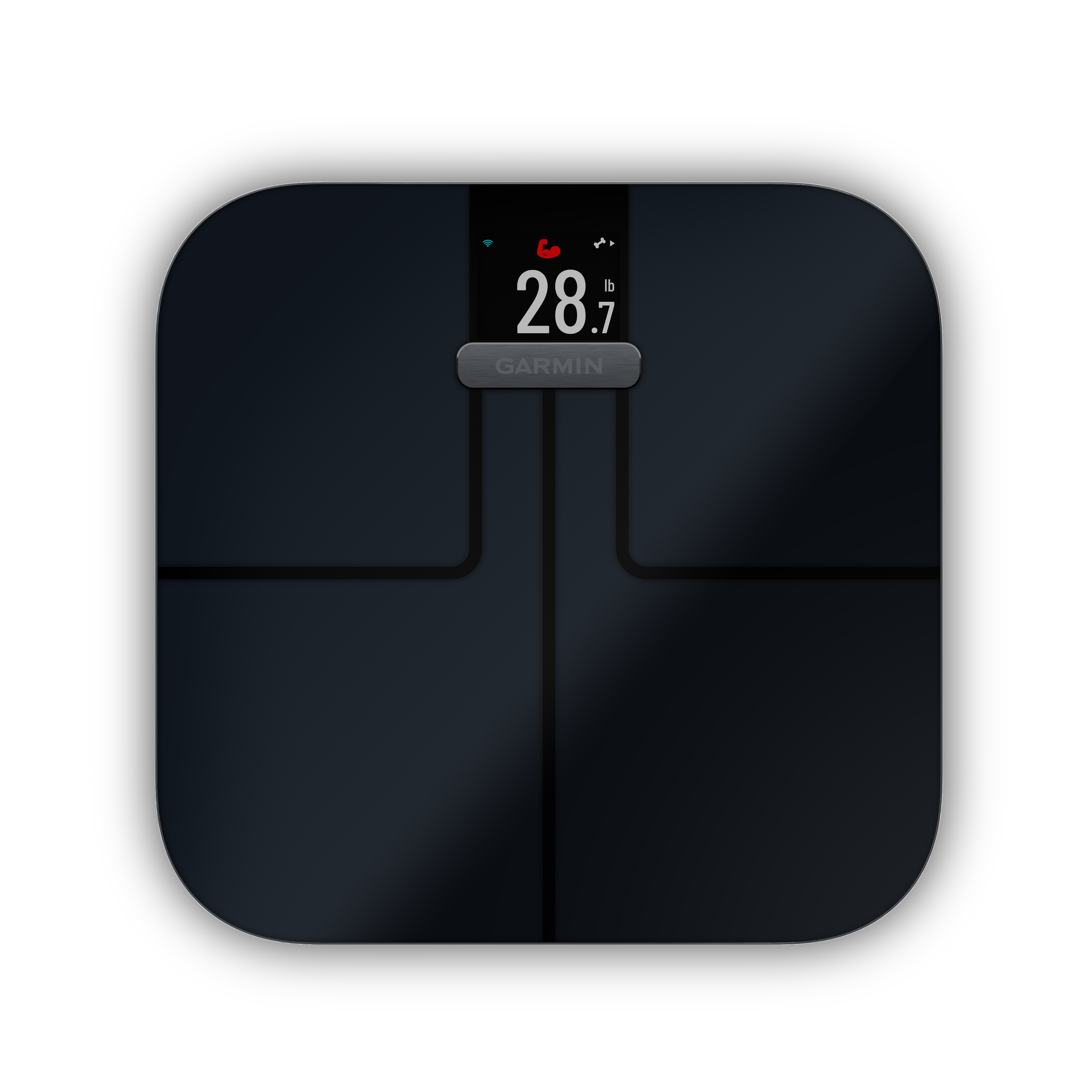 Schwarze Garmin Smart-Waage mit Gewichtsanzeige. Der Bildschirm zeigt 28,7 lbs.