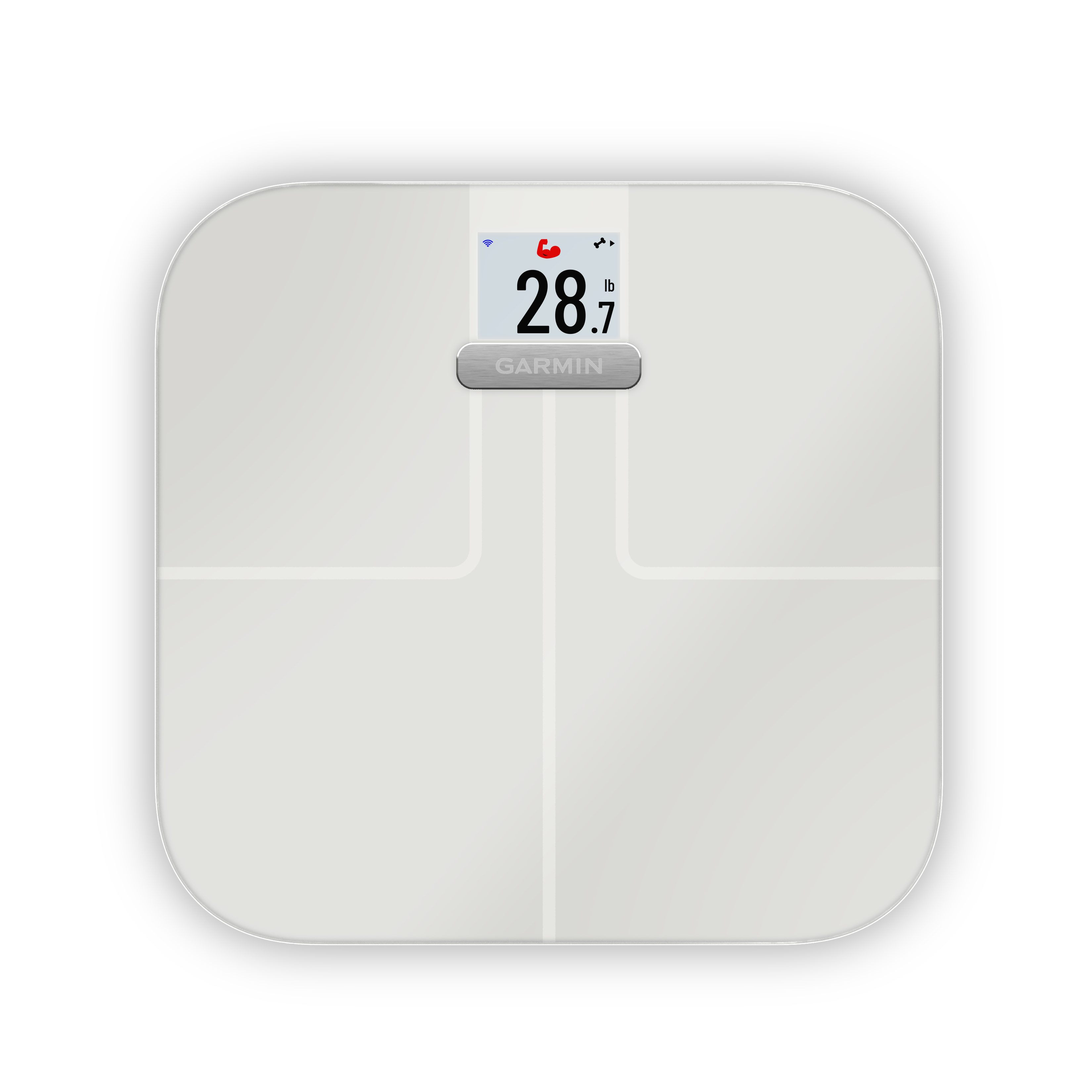 Weiße Digitalwaage mit Anzeige 28,7 lbs, auf weißer Oberfläche.