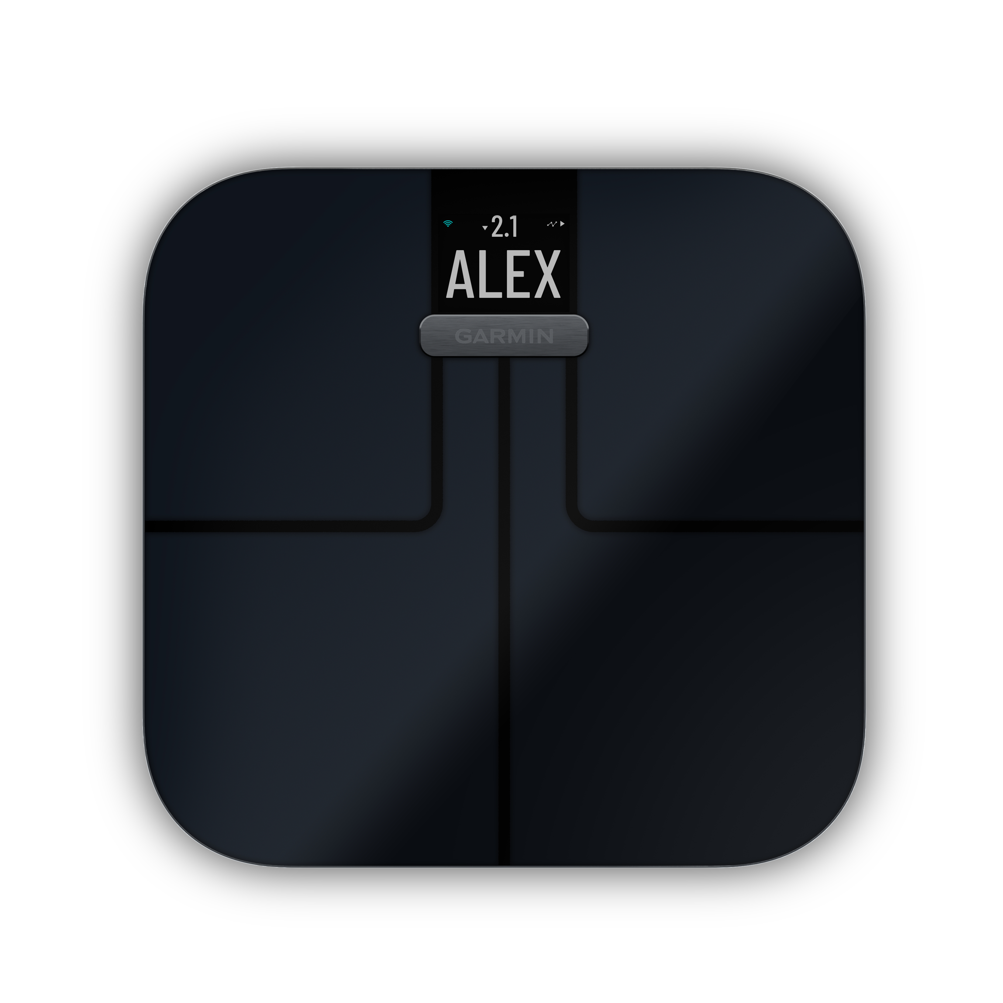 Schwarze Garmin-Waage zeigt 'ALEX', Gewicht 2.1, und ein kleines WLAN-Symbol.