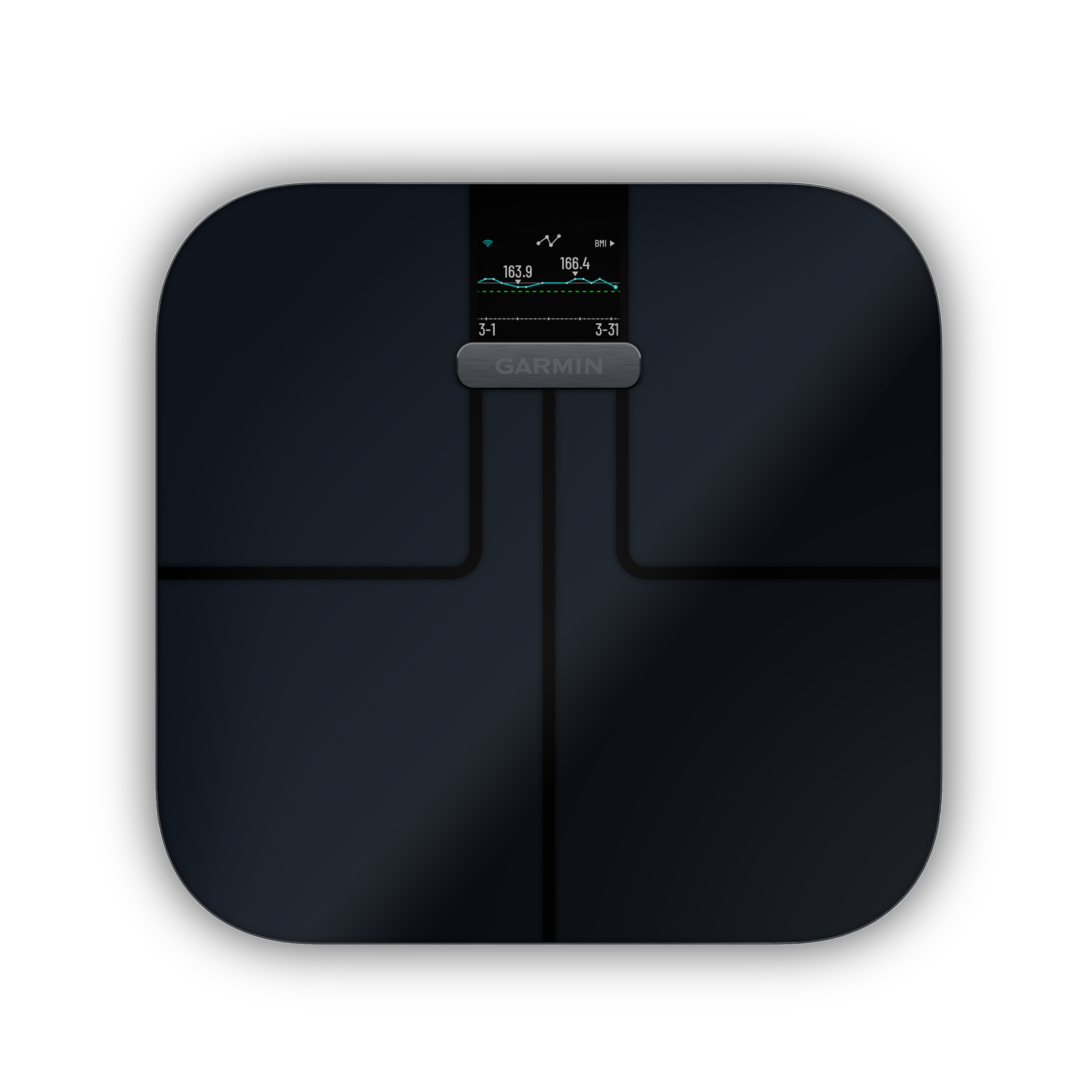 Schwarze Smart-Waage mit Datenanzeige auf dem Bildschirm.