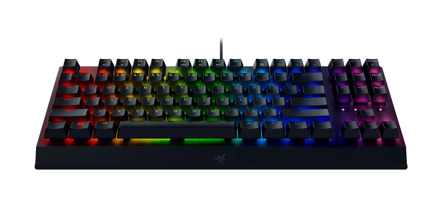 Schwarze mechanische Tastatur mit Regenbogen-Hintergrundbeleuchtung.