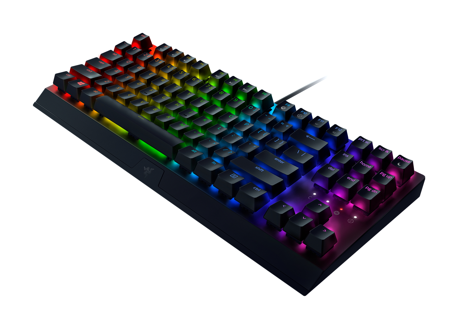 Schwarze Razer mechanische Tastatur mit RGB-Tasten. Die Tasten sind schwarz mit farbiger Hintergrundbeleuchtung.