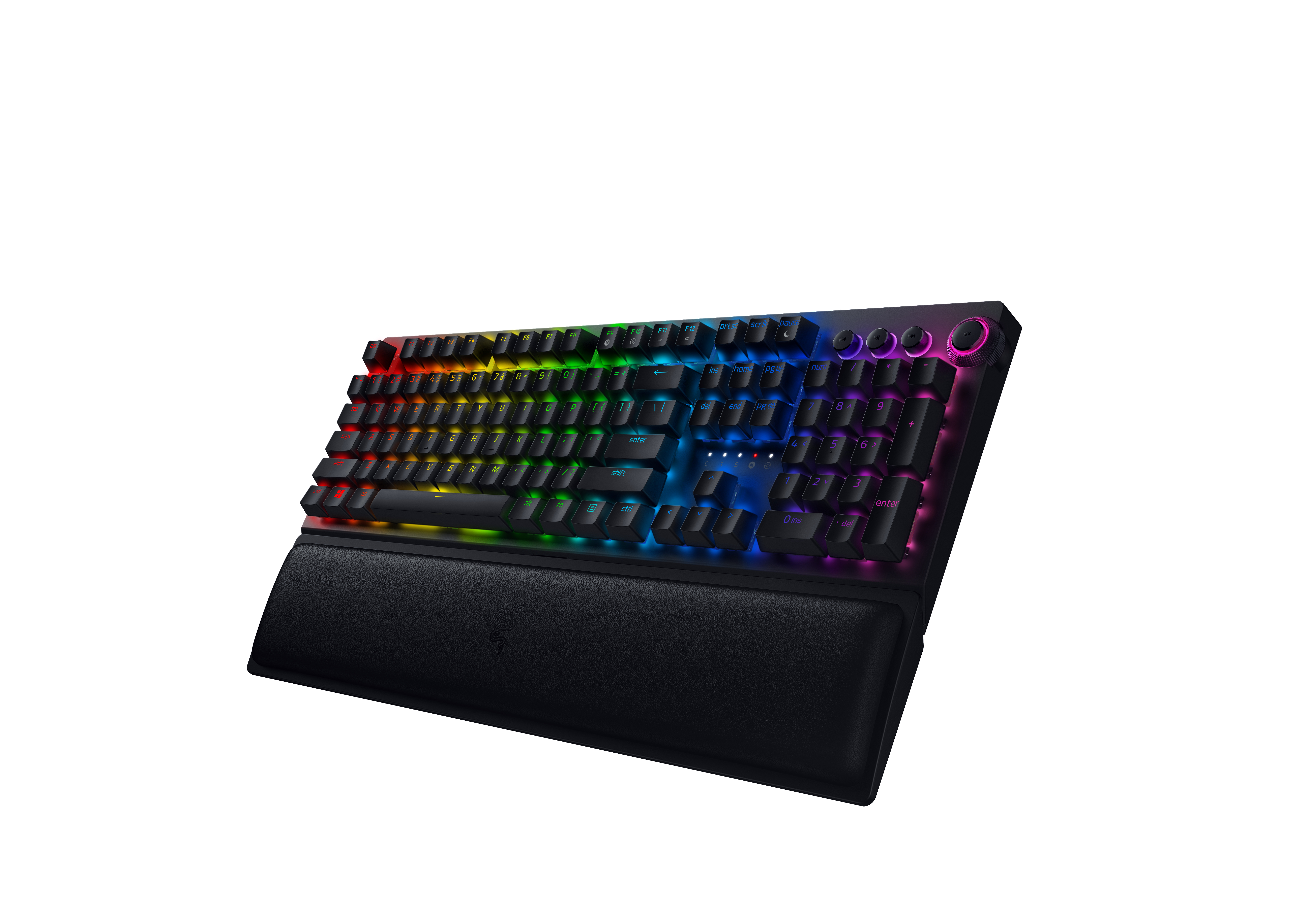 Eine hintergrundbeleuchtete Razer-Tastatur mit Handballenauflage. Die Tasten leuchten in Regenbogenfarben.