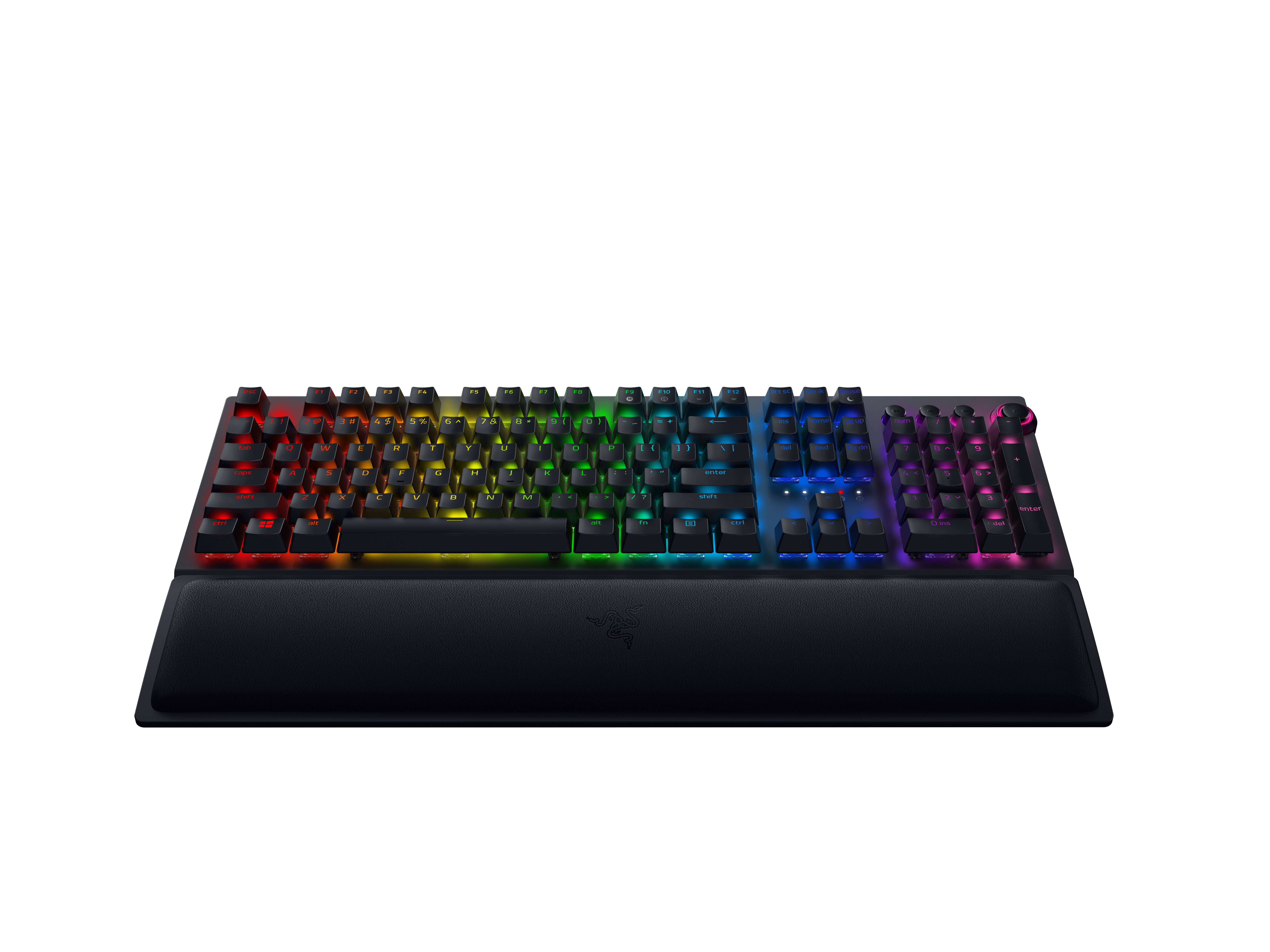 Schwarze Gaming-Tastatur mit regenbogenfarbenen Tasten und einer Handballenauflage.