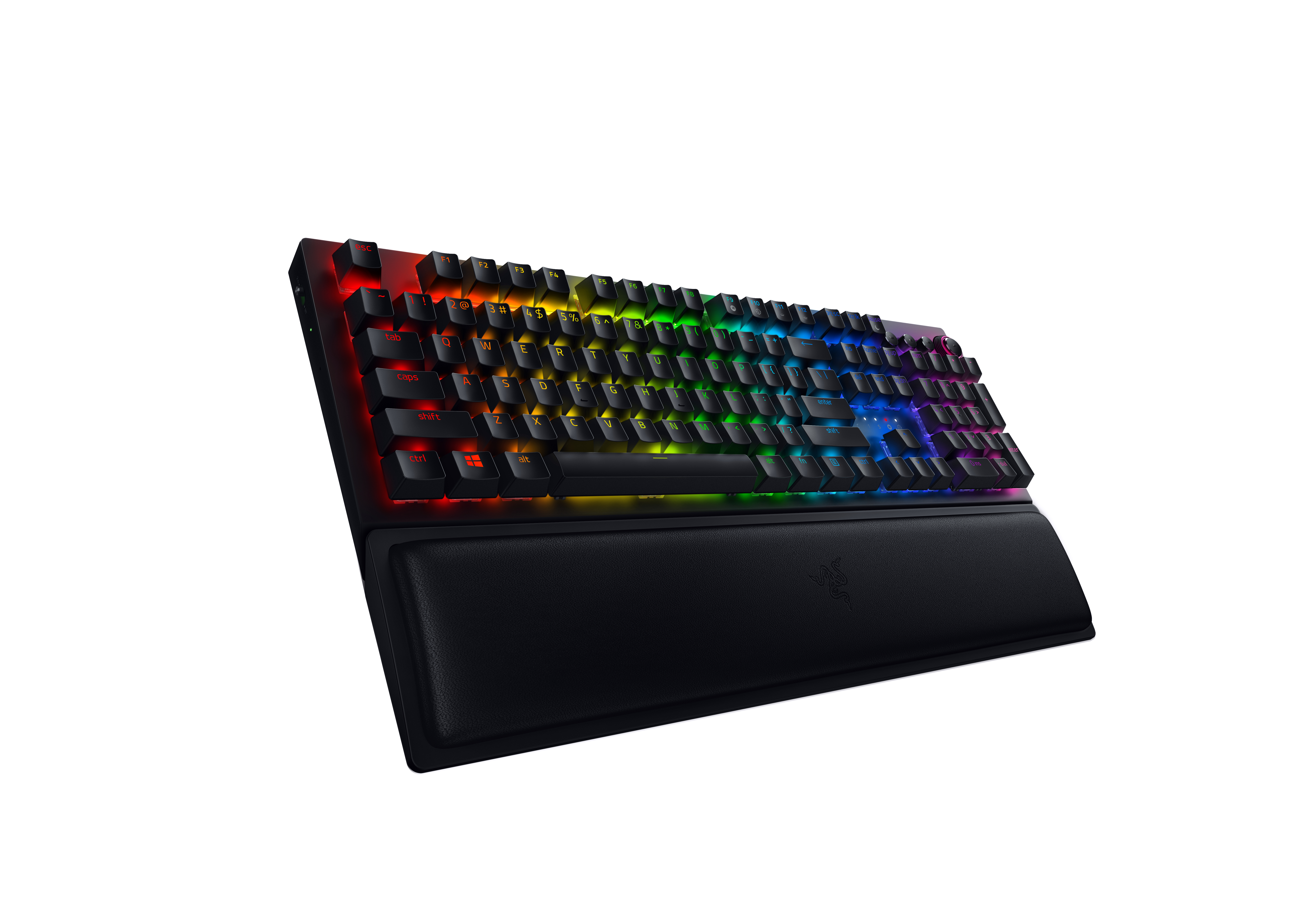 Schwarze Razer-Tastatur mit Regenbogenbeleuchtung und Handballenauflage.