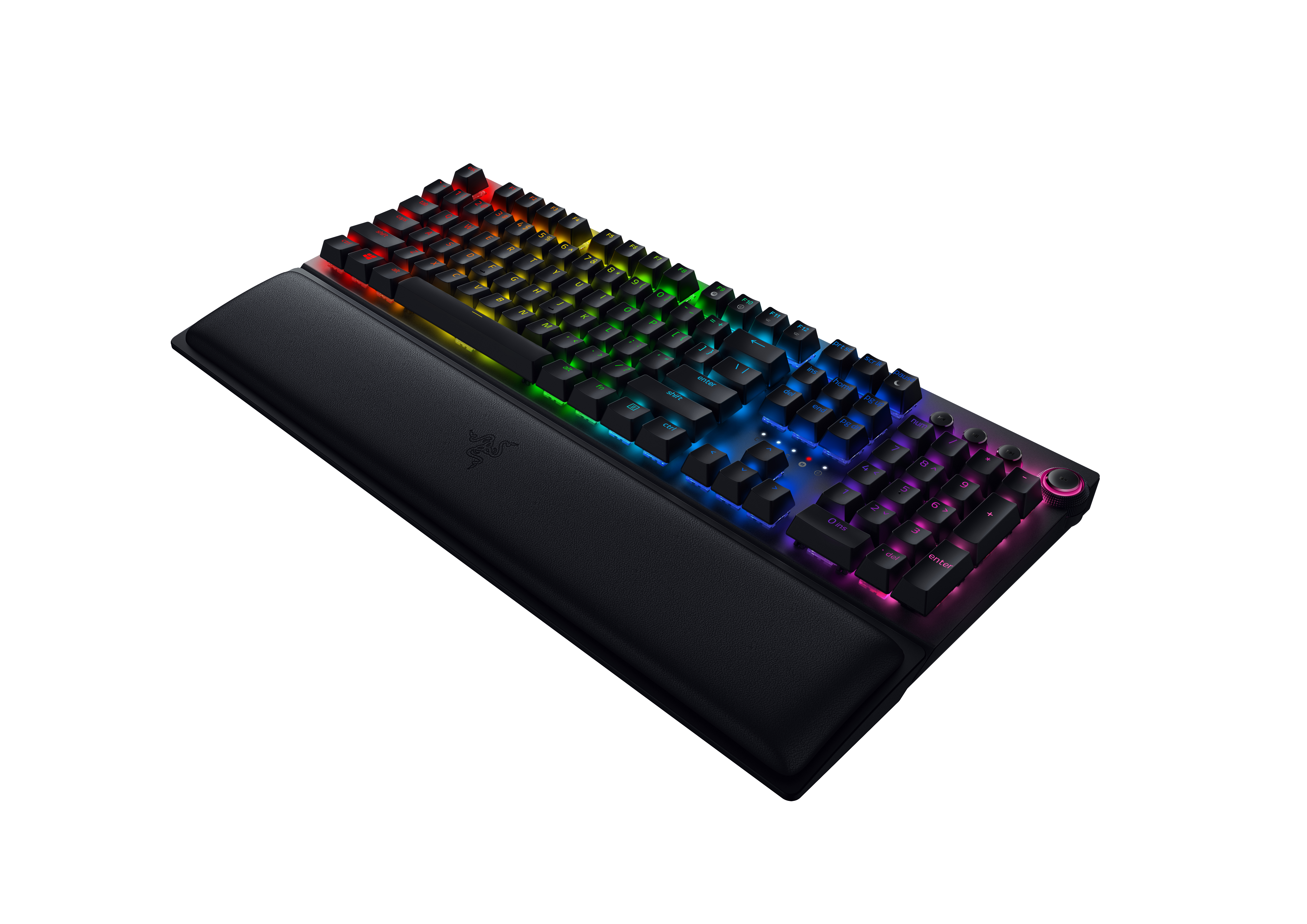 Schwarze Tastatur mit Regenbogen-Hintergrundbeleuchtung und Handballenauflage, weißer Hintergrund.