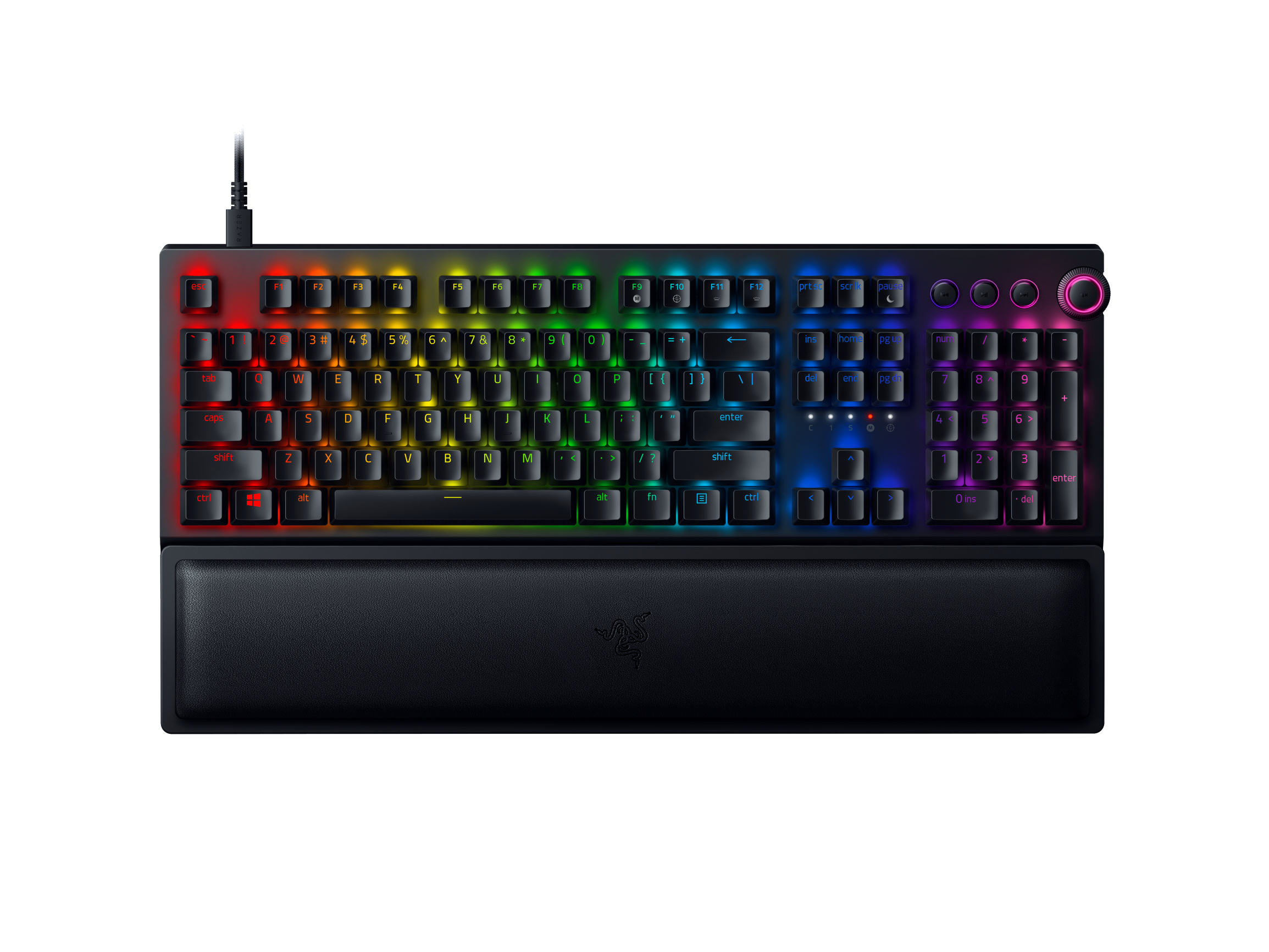 Schwarze Gaming-Tastatur mit bunten Hintergrundbeleuchtungstasten und Handballenauflage.