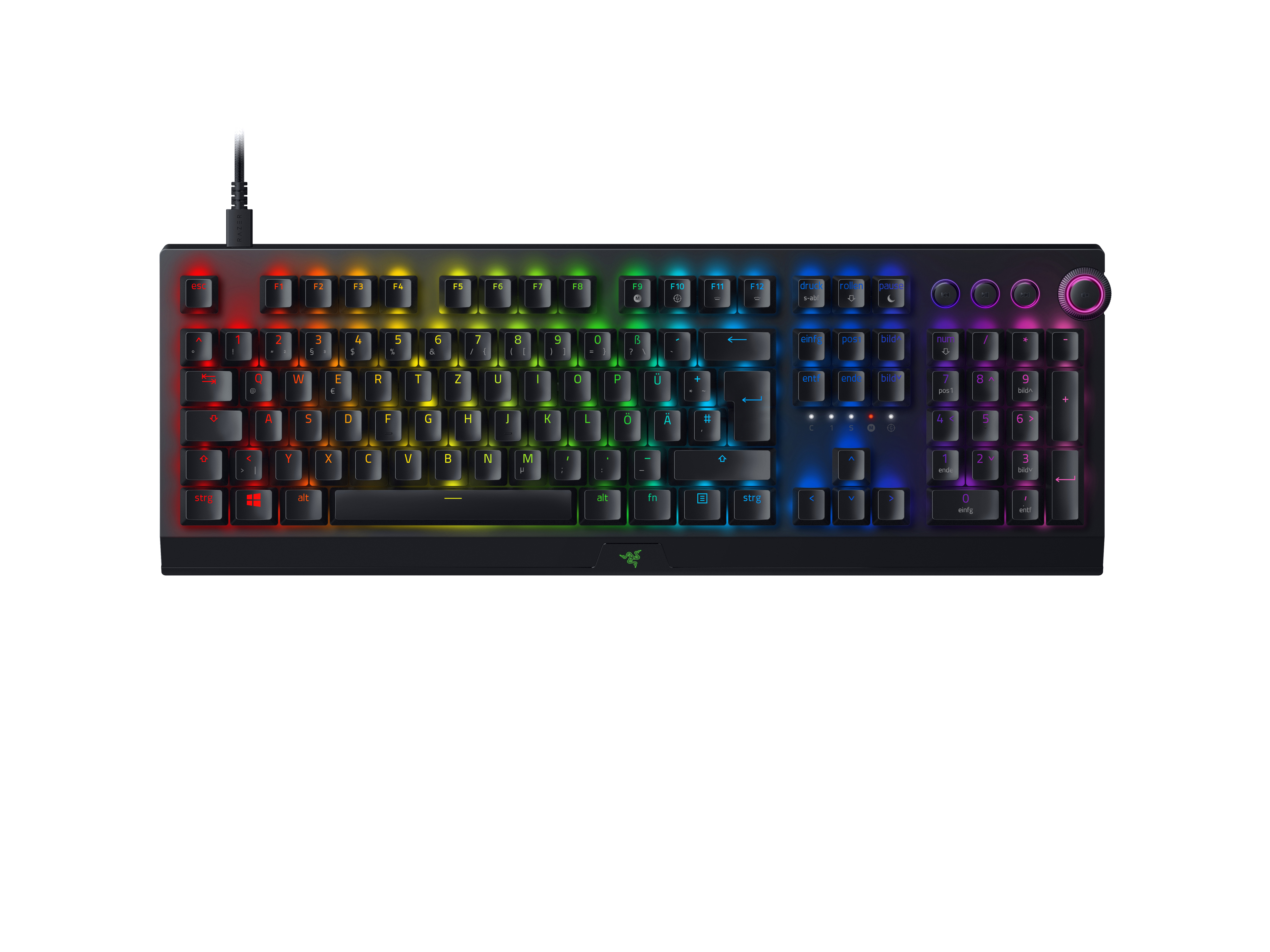 Schwarze mechanische Tastatur mit mehrfarbigen Tasten, mit schwarzem Kabel auf weißem Hintergrund.