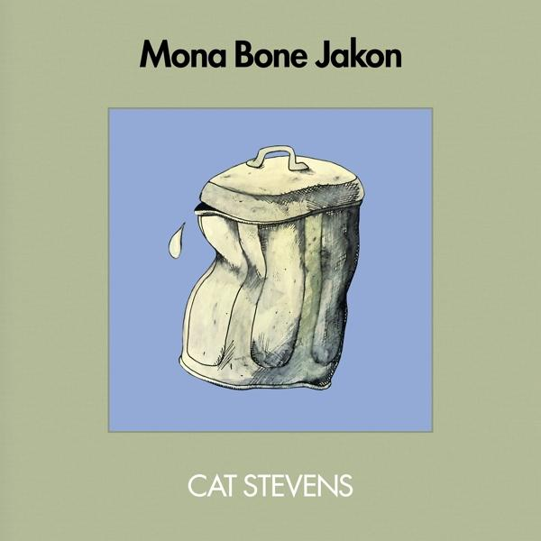 Pochette d'album avec une image de poubelle déformée. Texte : Mona Bone Jakon, par Cat Stevens.