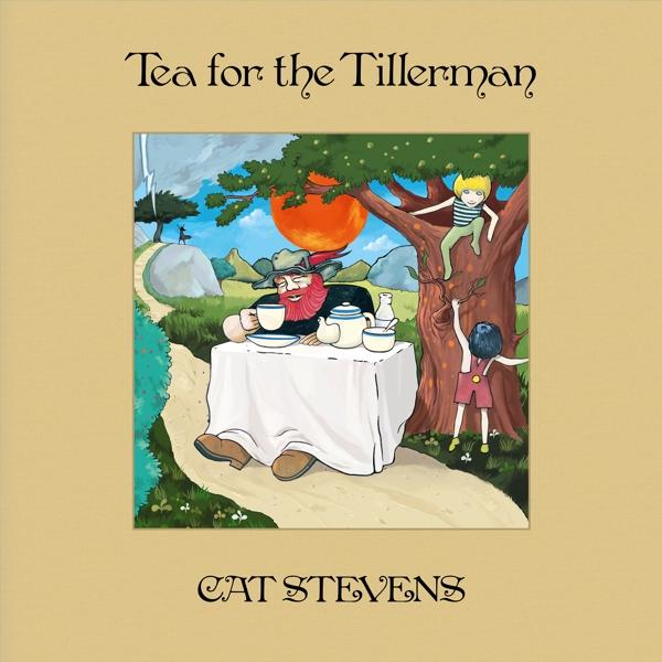 Albumhoes: Illustratie van een man aan tafel met thee, omringd door kinderen en bomen.