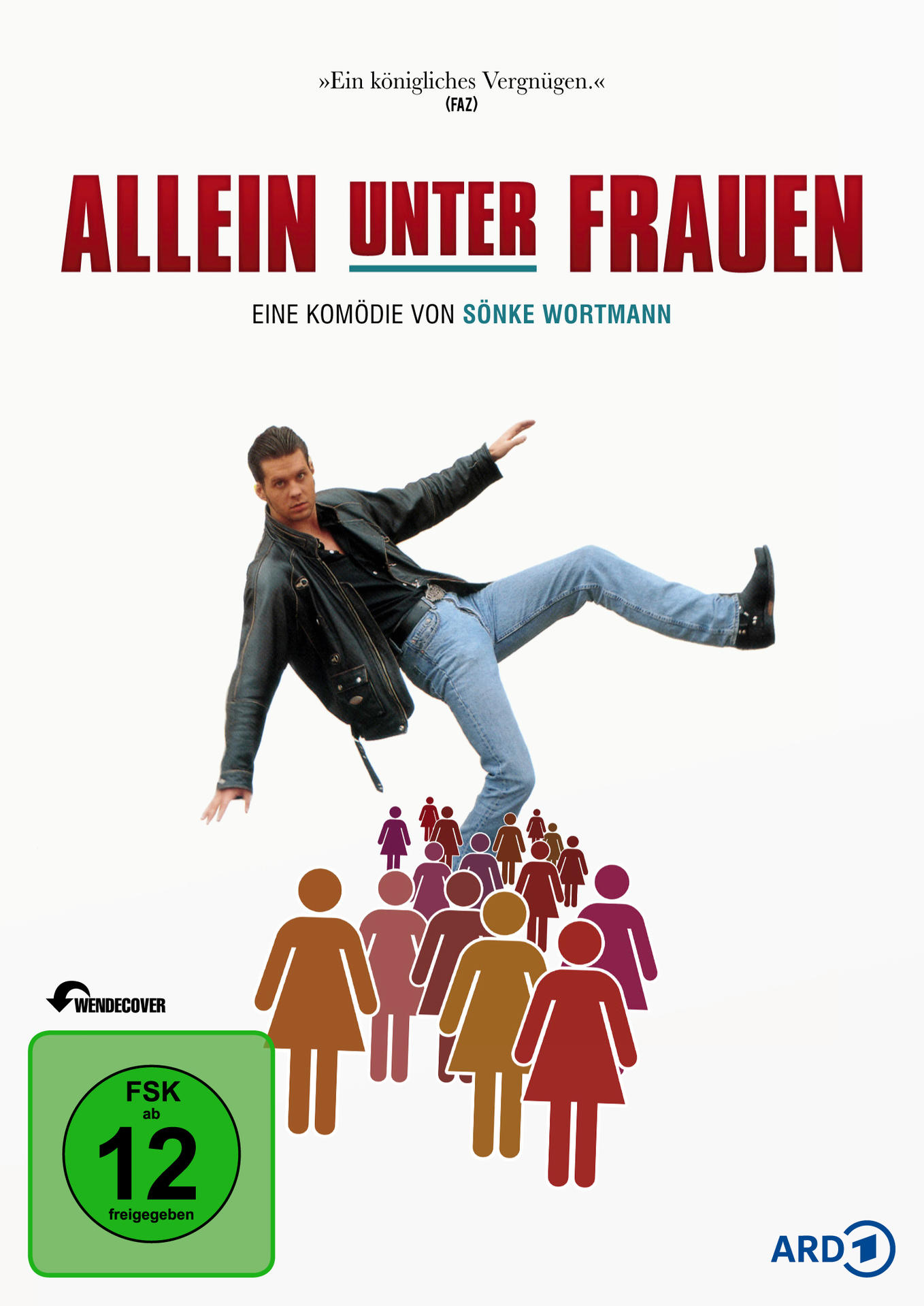 DVD-Cover. Ein Mann springt über eine Gruppe von Frauen. Der Titel lautet Allein unter Frauen.