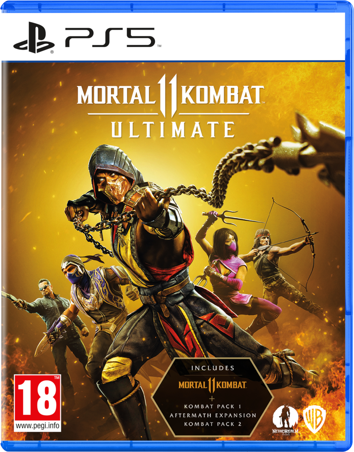 Boîtier de jeu Mortal Kombat 11 Ultimate PS5. Personnages en action, avec une bordure bleue.
