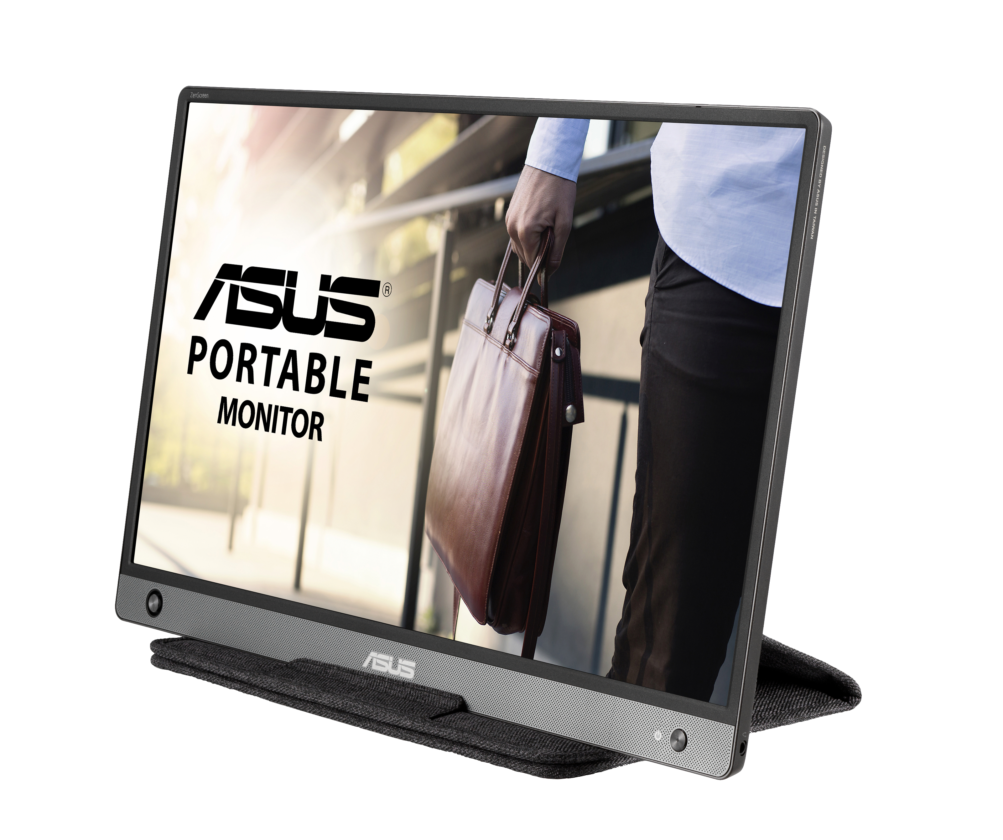 Ein tragbarer Asus-Monitor steht auf einem grauen Ständer und zeigt das Asus-Logo sowie einen Mann mit Aktentasche.