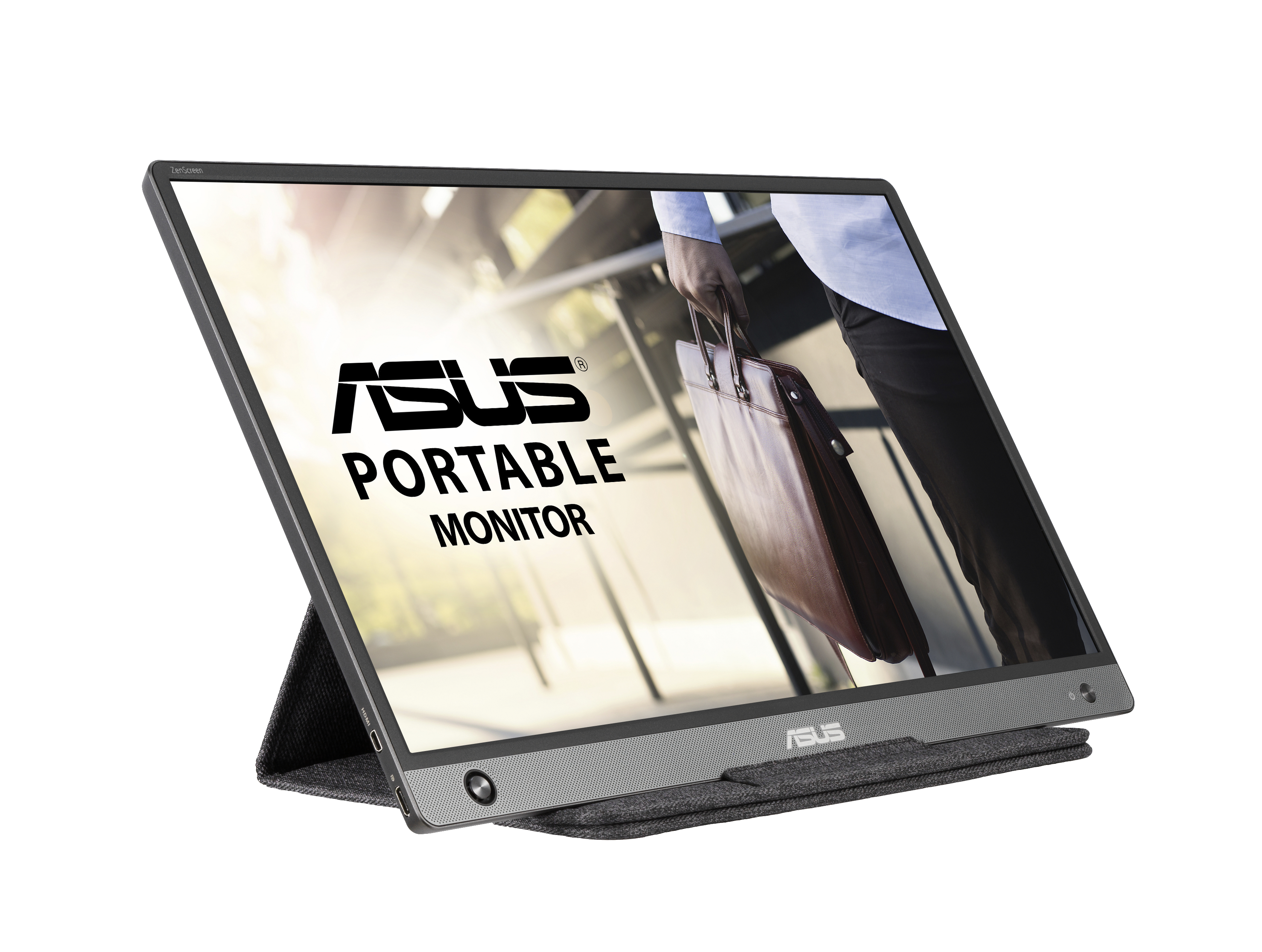 Ein tragbarer Asus-Monitor steht in einer Hülle und zeigt ein Bild einer Person mit Aktentasche.