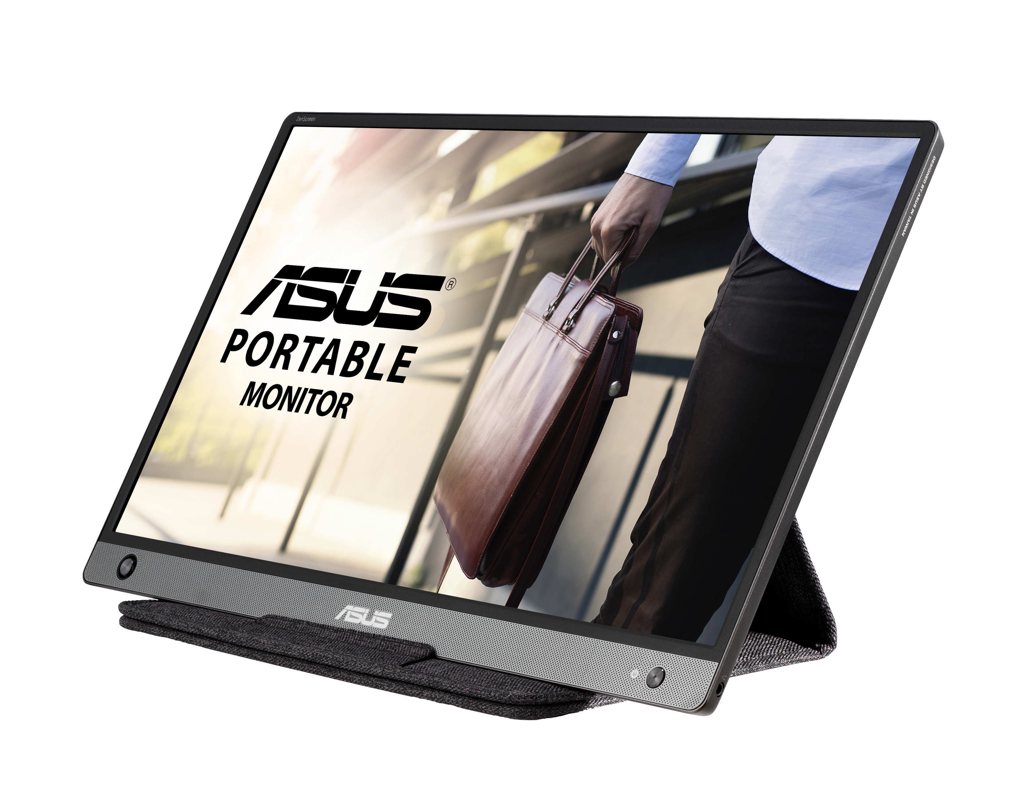 ASUS tragbarer Monitor auf einem Stoffständer mit Textdisplay und Bild einer Person mit Aktentasche.